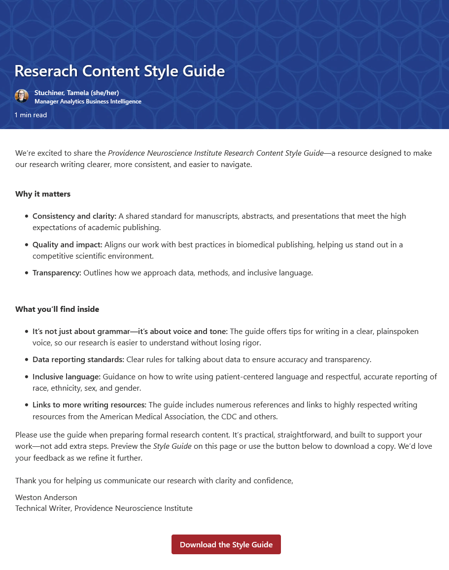 Research Content Style Guide document from the Providence Neuroscience Institute with information about writing standards for scientific research content.