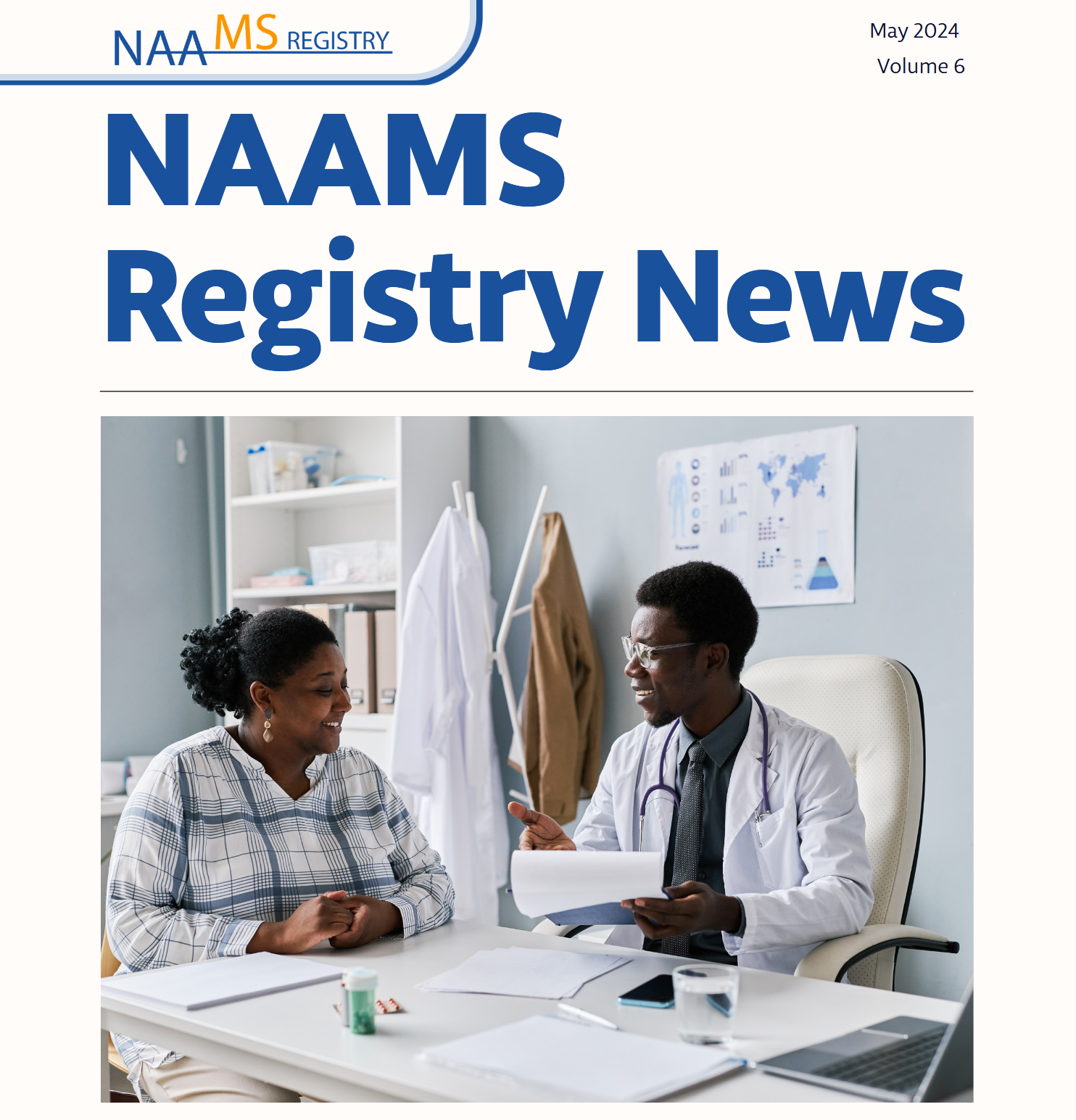 Cover page of the May 2024 NAAMS Registry News newsletter showing a doctor and a female patient smiling and talking in a medical office.