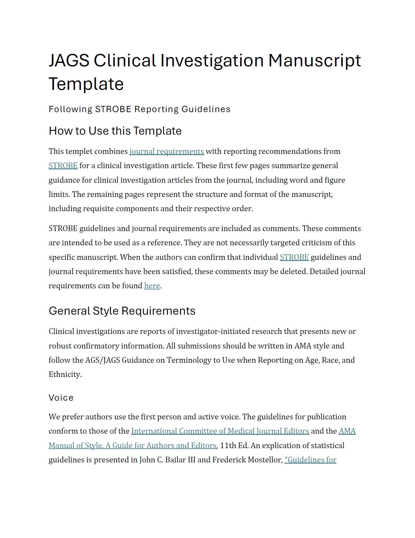 Page of a document titled 'JAGS Clinical Investigation Manuscript Template' with sections on how to use the template, general style requirements, and voice guidelines.