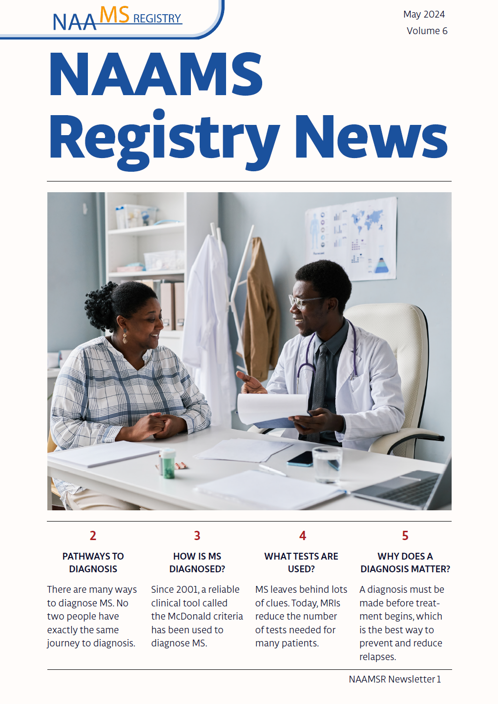 Cover page of NAAMSR Registry News May 2024, Volume 6, featuring a doctor in a white coat consulting a female patient in an examination room with medical charts and supplies in the background.