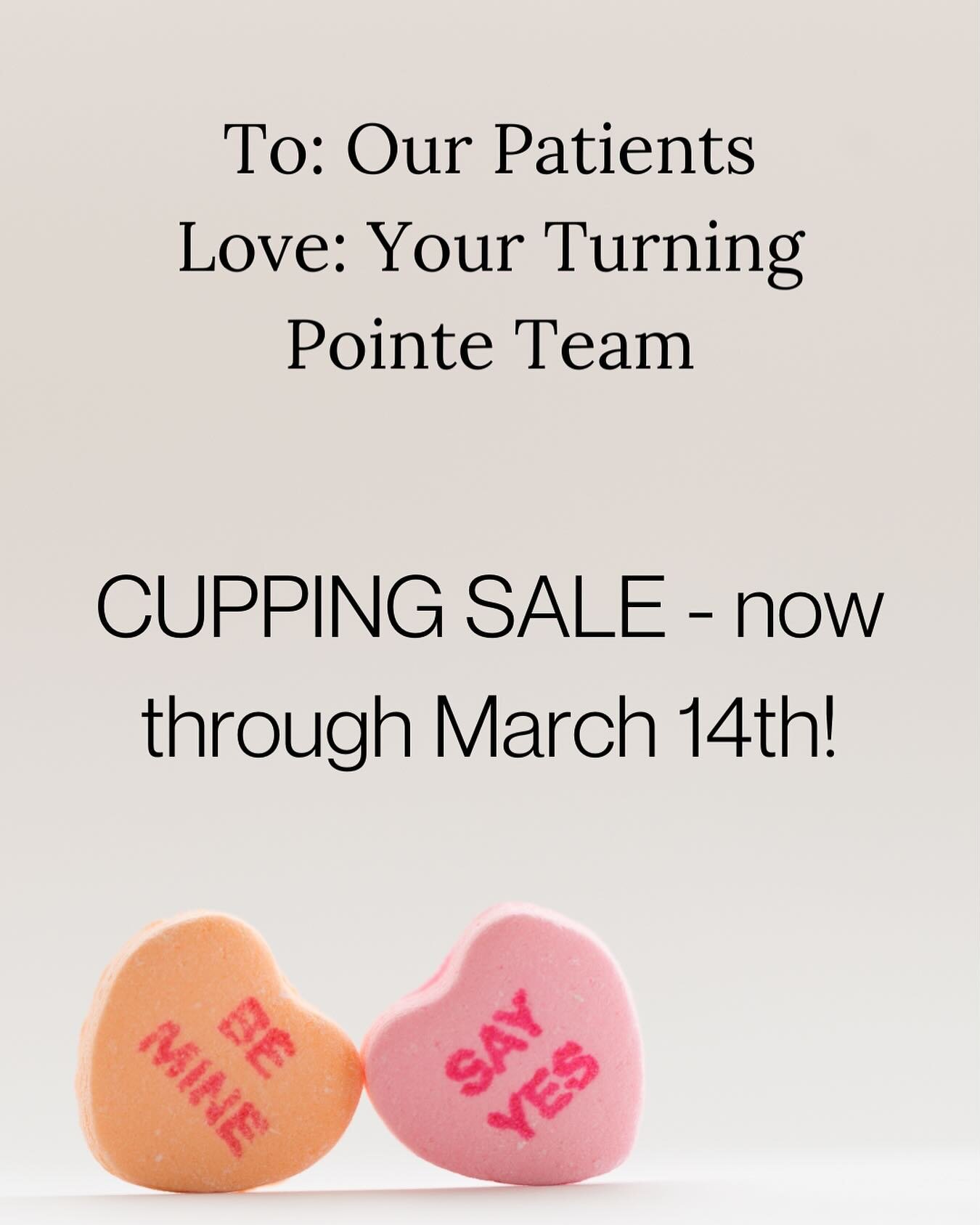 We love being part of your care team! To show our appreciation, we&rsquo;re offering discounted cupping therapy sessions from February 14 - March 14. *

❤️⚪️⚪️⚪️⚪️❤️

CUPPING SALE
$15 OFF New Patient Cupping Session

$10 OFF Follow-up Cupping Session
