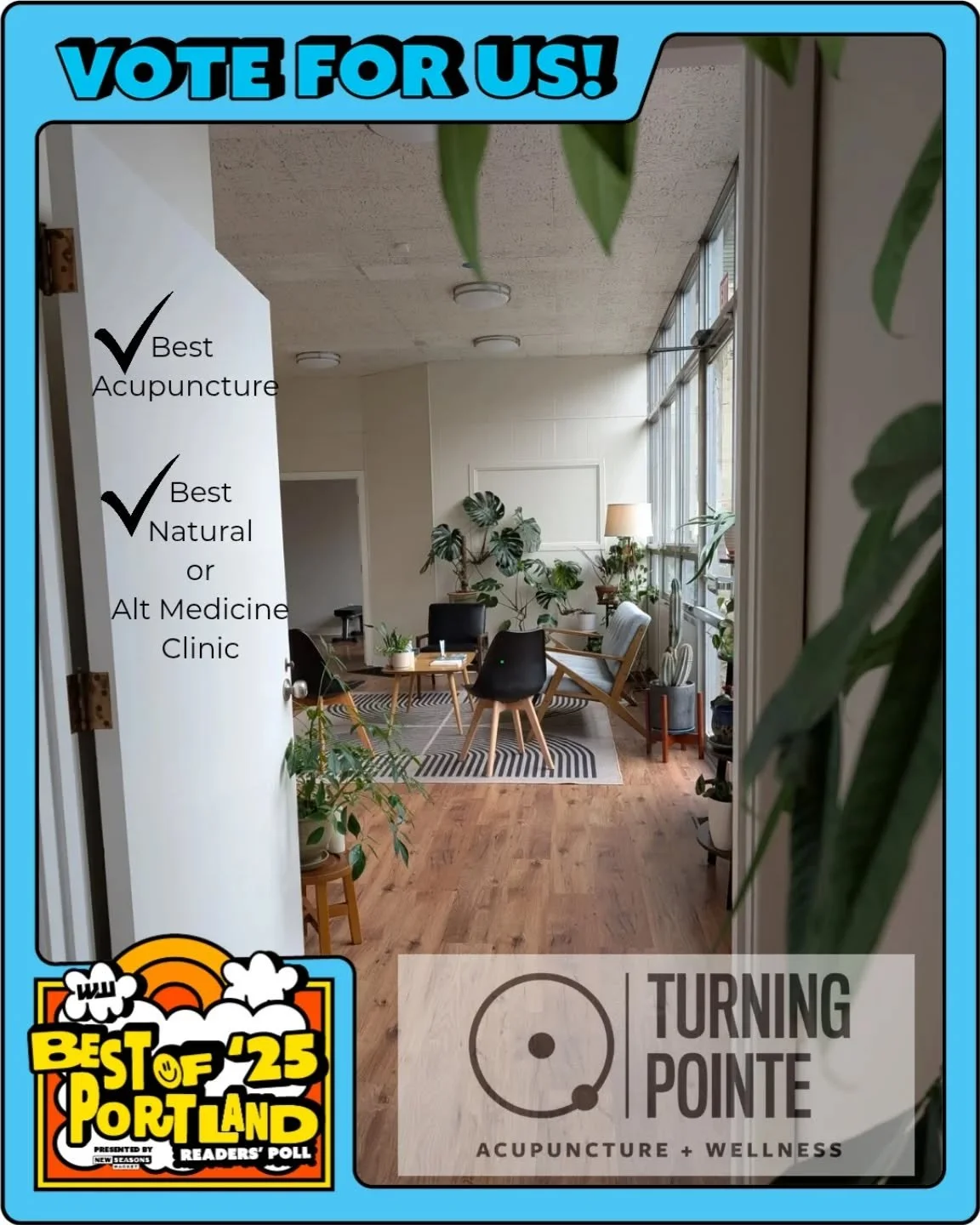 We're vibing high -- and it's not just the acupuncture, massage, and yoga. ✨
We've been nominated for Willamette Week's Best of Portland (!!) and if our space has ever helped you breathe deeper, laugh louder, or feel a little more aligned, we'd be ho