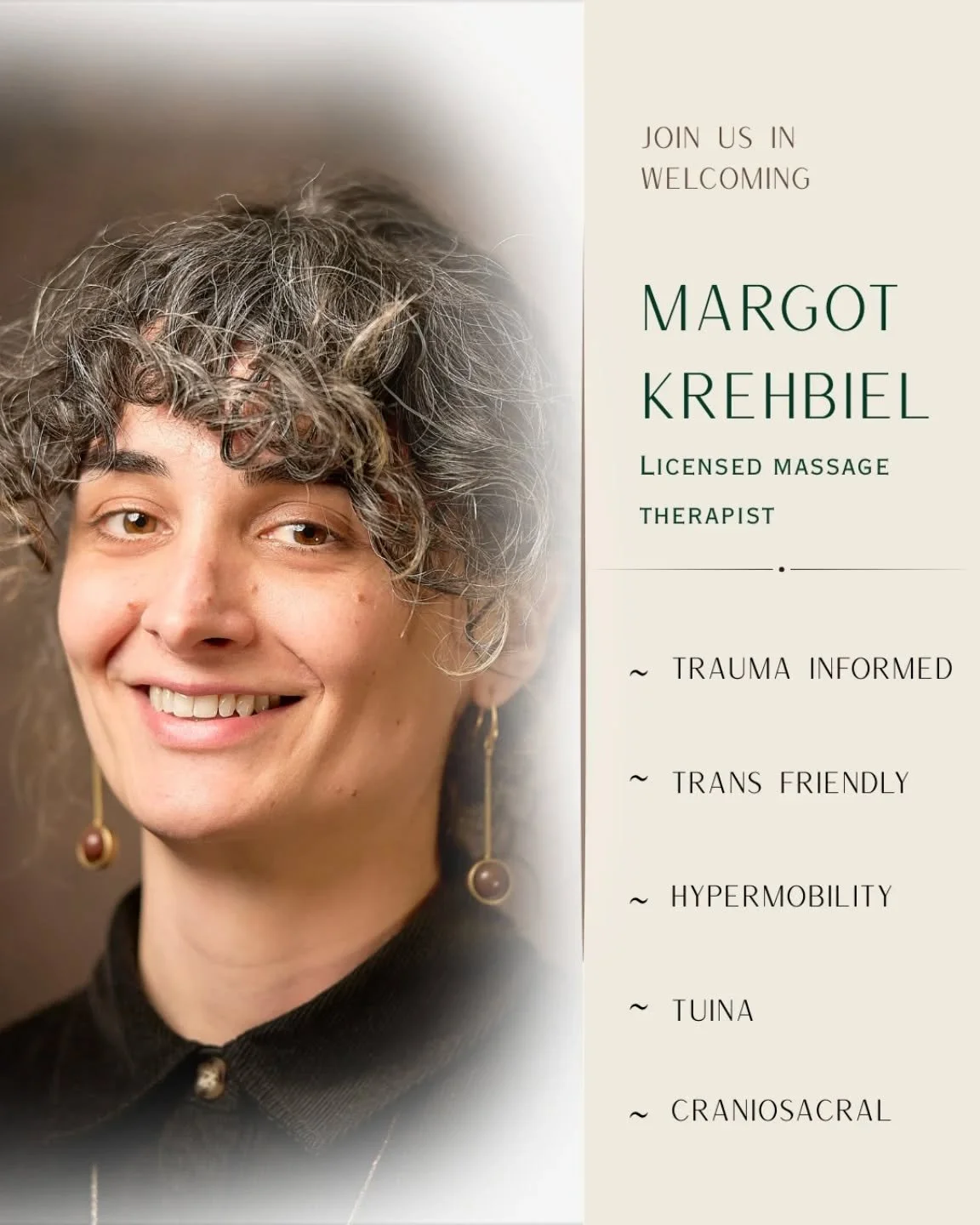 Please join us in welcoming Margot Krehbiel, LMT to the Turning Pointe team! 

We're so excited to bring Margot's experience to our team of providers. With her training in deep tissue, Tuina, Craniosacral, myofascial techniques, and special focus on 