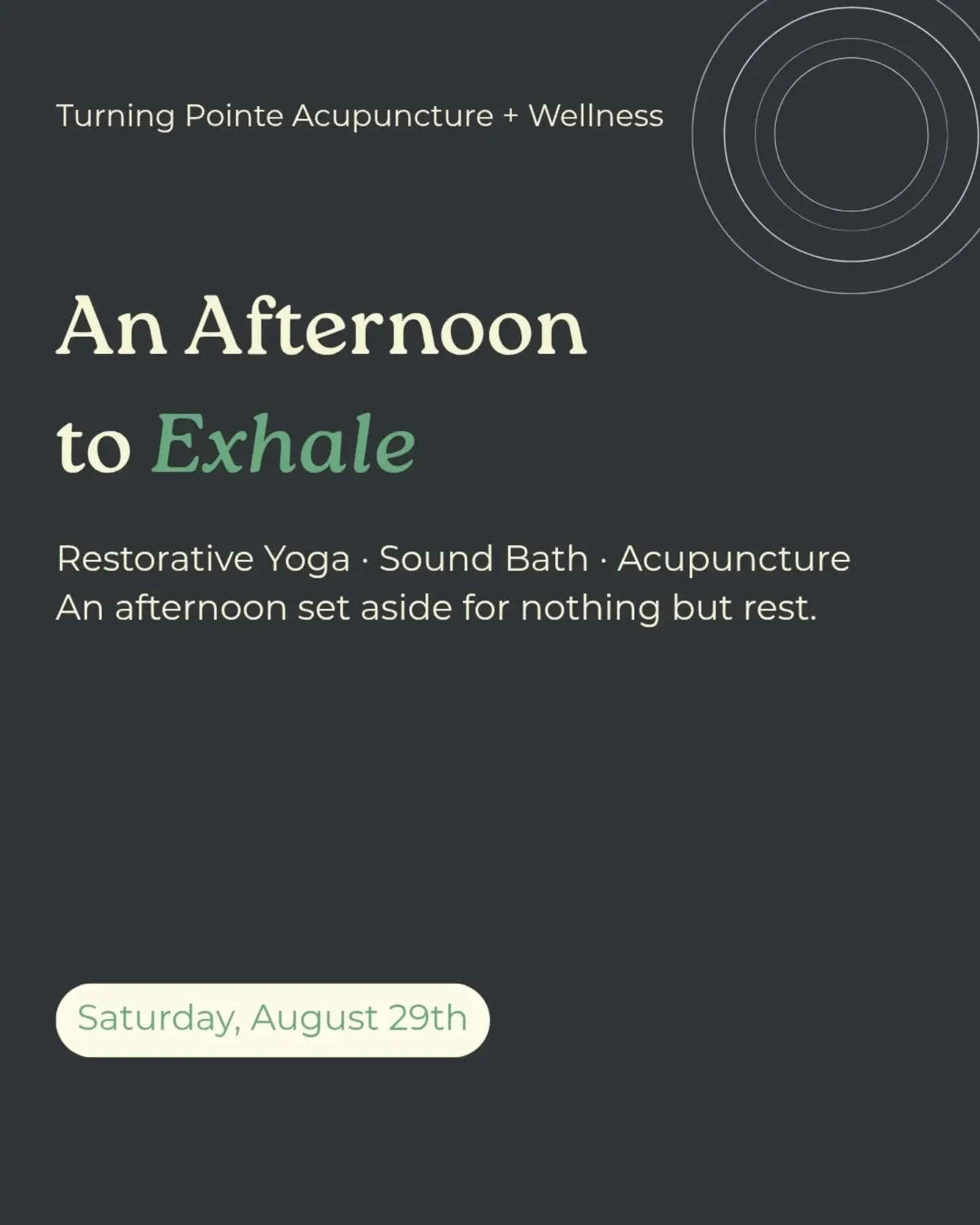 This Saturday, August 29th, we're opening our door for something a little different, restorative yoga, sound bath, and acupuncture, all in one slow afternoon built for rest. 

No flow to keep up with, no goals to hit. Just supported stillness, sounds