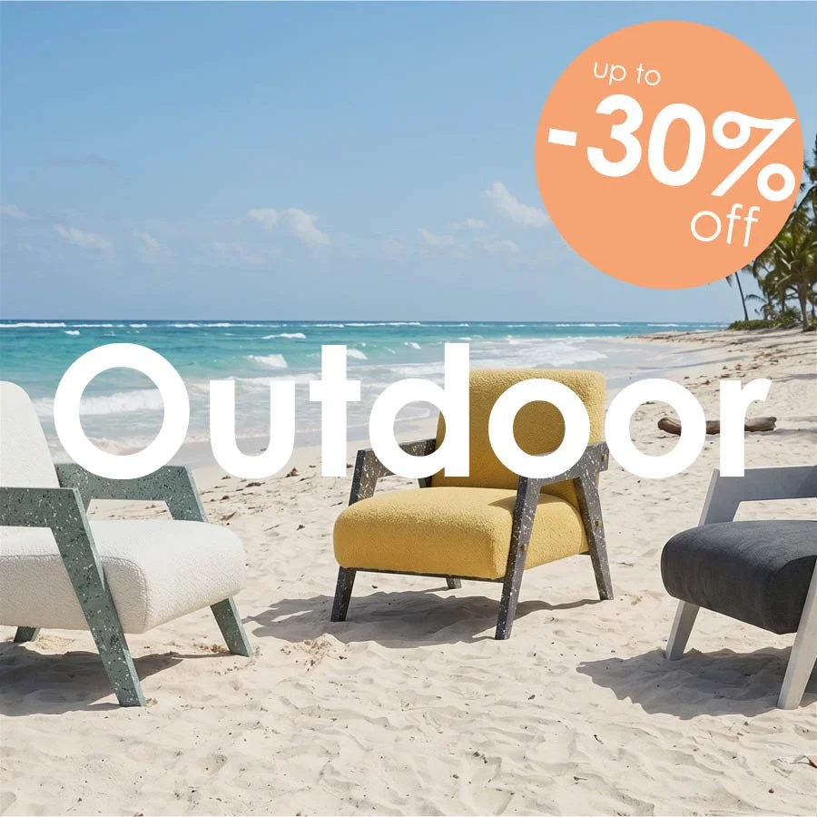 Three contemporary outdoor lounge chairs with textured upholstery set against a sunny beach with a 30% off banner