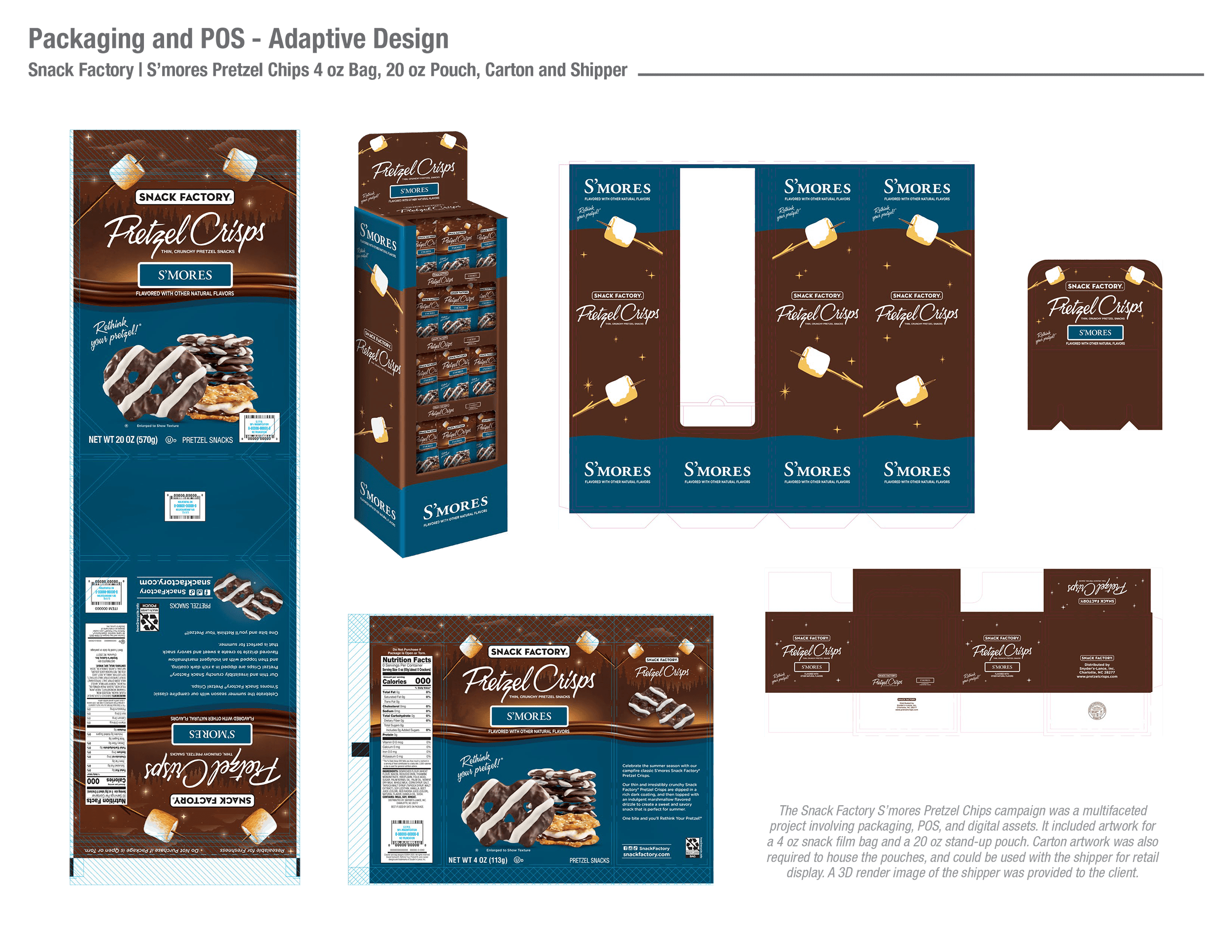 Snack Factory | S'mores Pretzel Chips 4 oz, 20 oz, Carton and Shipper