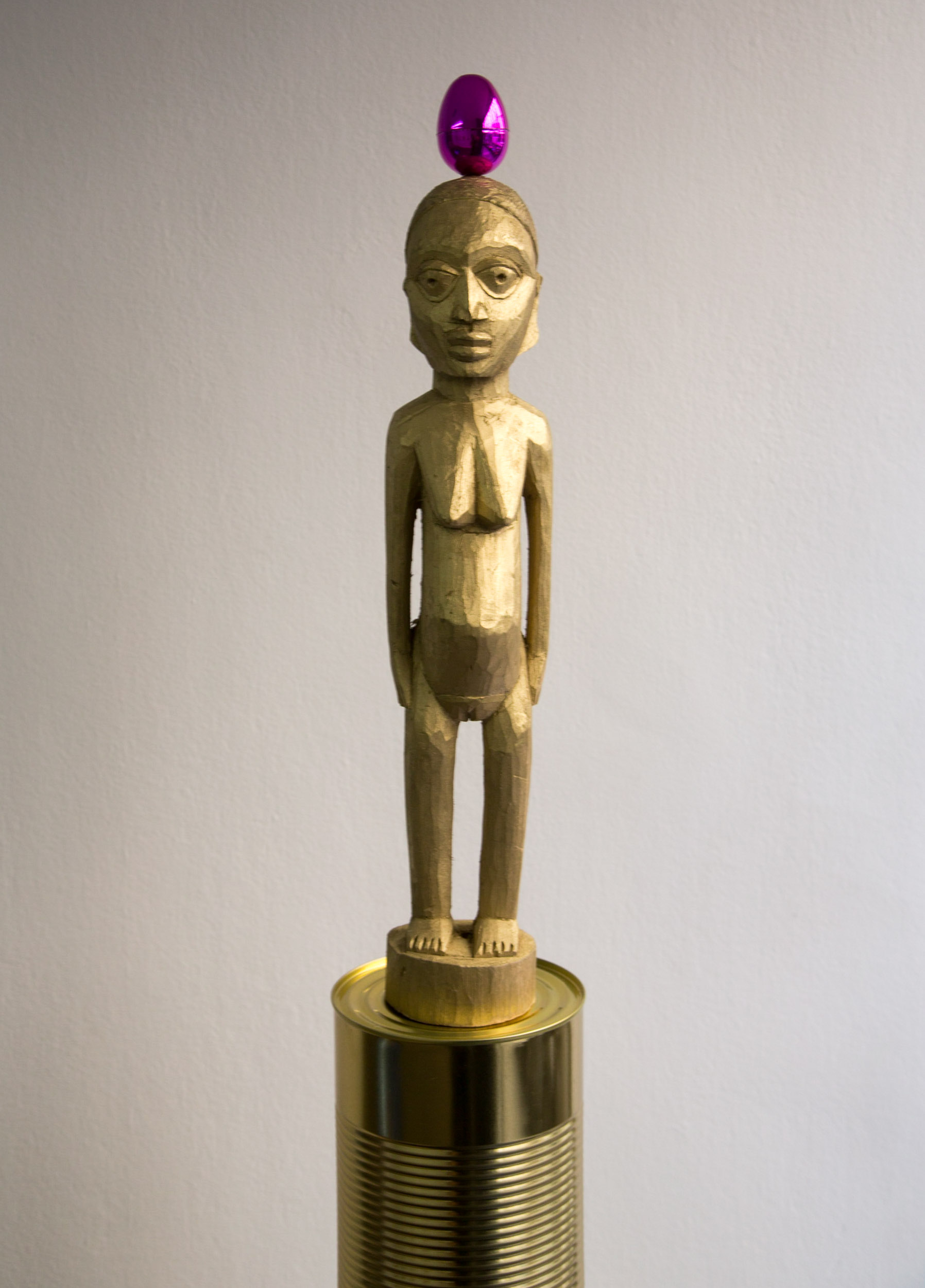   Saint Selavy , 2014  Wood, metal, NFC tags Dim: 180 x 20 x 20 cm  The  Electrofetishes  series combines readymades, ”anti-folklorism”, classical African art and spirituality.   Bocio , wooden statuettes mass-produced in Benin and Nigeria with the u