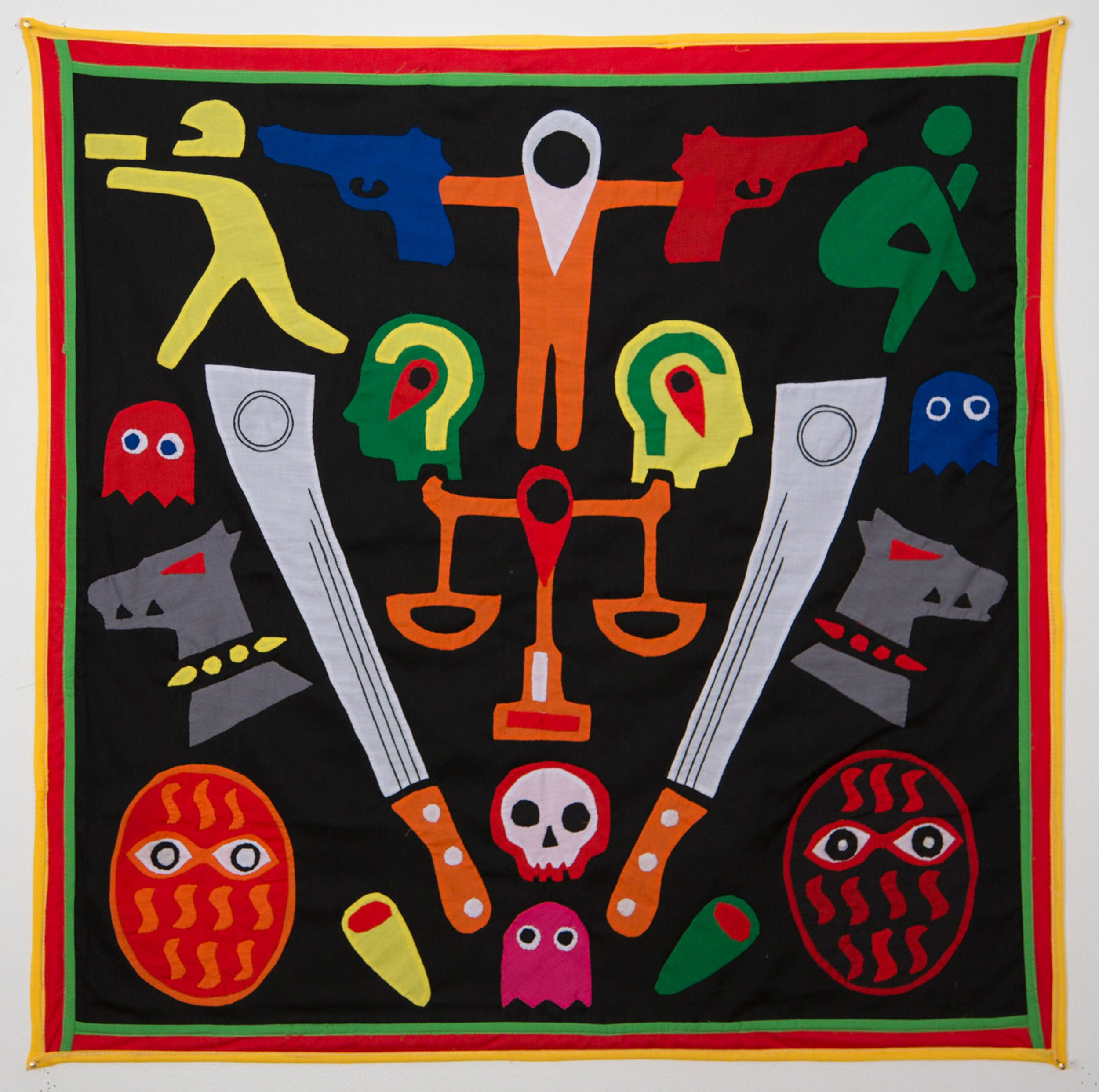    For ghosts and dogs shall fight until the end of     time,     2015  Textile, NFC tags Dimensions: 120 x 120 cm 