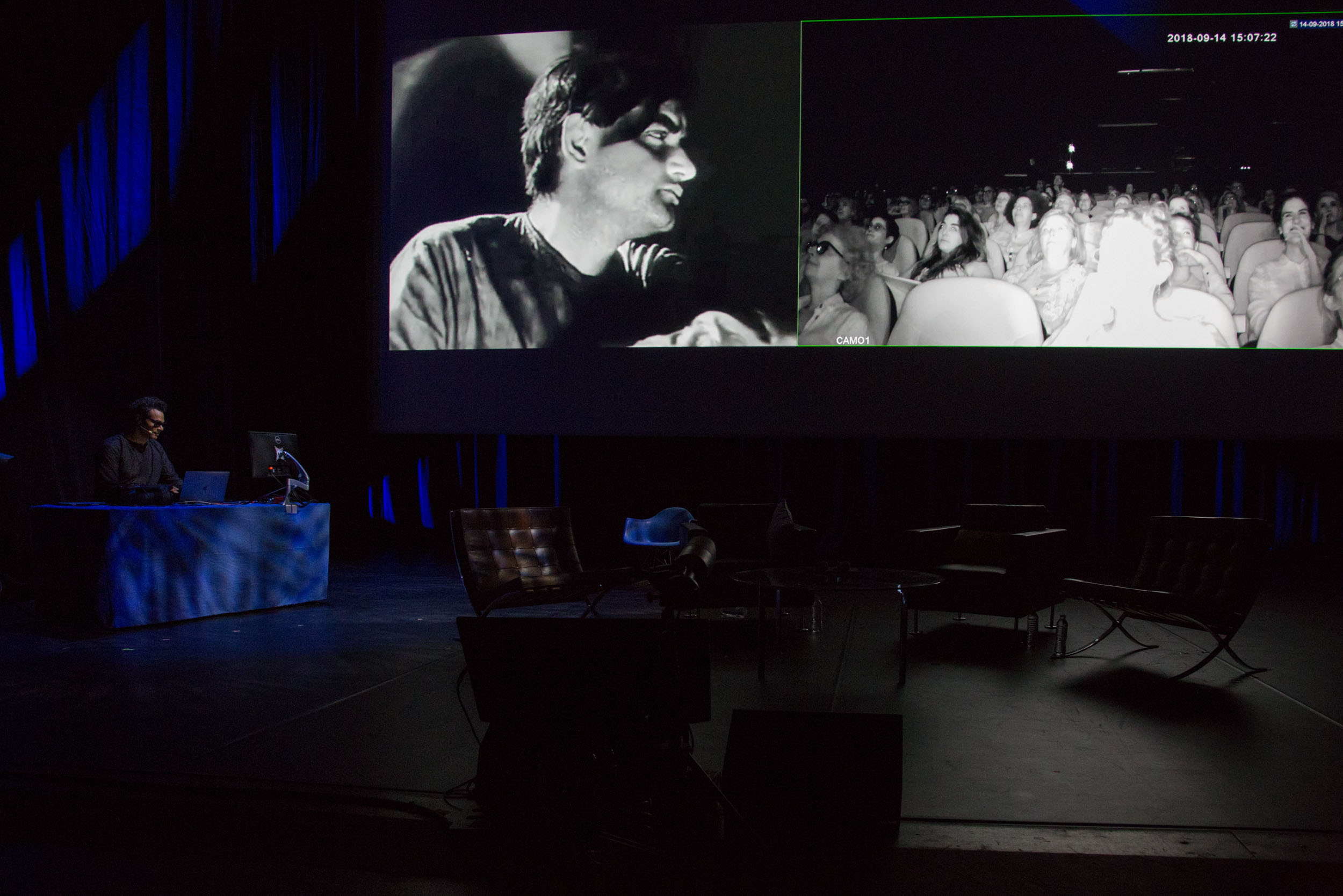  A music and video piece performed is played by the artist.  The video piece is composed of black and white silent films of various origins (Mexico, India, Japan, US) showing shots of characters showing intense emotions, and is displayed on the left 