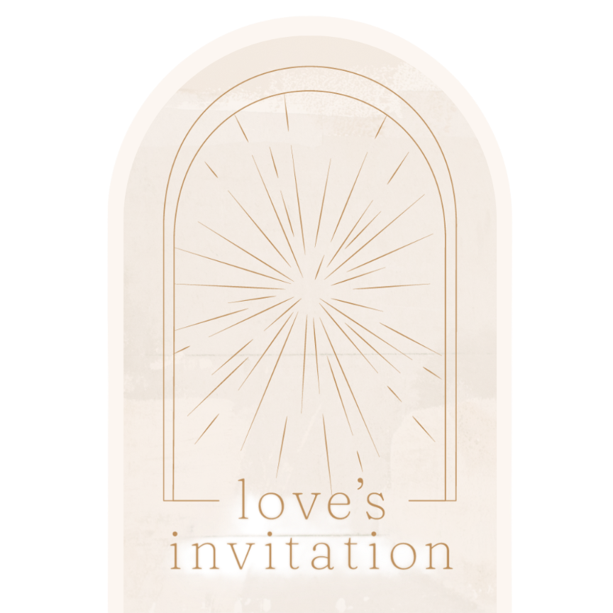 A minimalistic invitation card with a religious or spiritual theme, featuring a radiant star or light burst pattern above the text 'love's invitation' in elegant serif font.