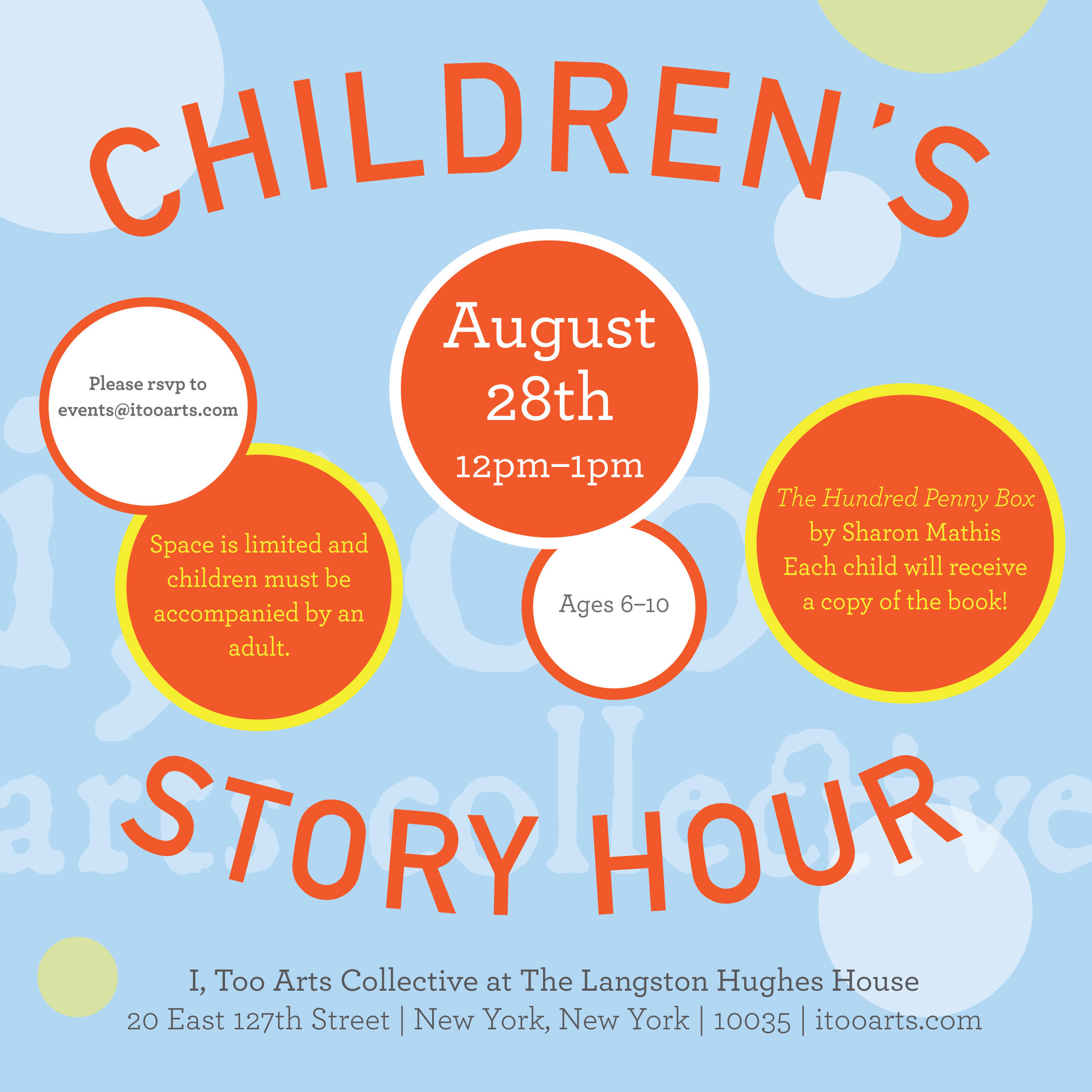 Please RSVP to events@itooarts.com with the number of children (ages 6-10) in your party. We look forward to our first Children's Story Hour! 