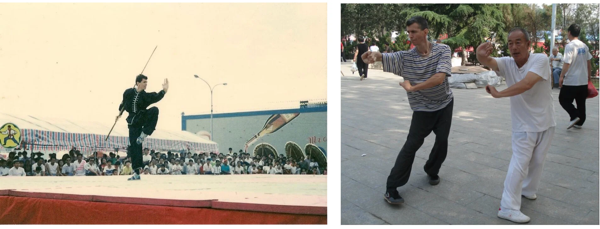 Left: Kevin Brazier performs Mantis while competing at a tournament in Taiwan, circa 1992. Right: Kevin throws an uprooting kick while training under Praying Mantis master Zhou Zhendong.