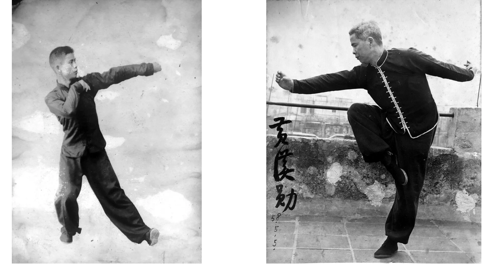 Left: A twenty-year old Wong Honfan performs a sweeping kick with a strike to the throat (雙刁左揪腿). Right: An older Wong Honfan on the rooftop of his school in Hong Kong. To this day Wong Honfan remains the most prolific author of Mantis Boxing to hav…