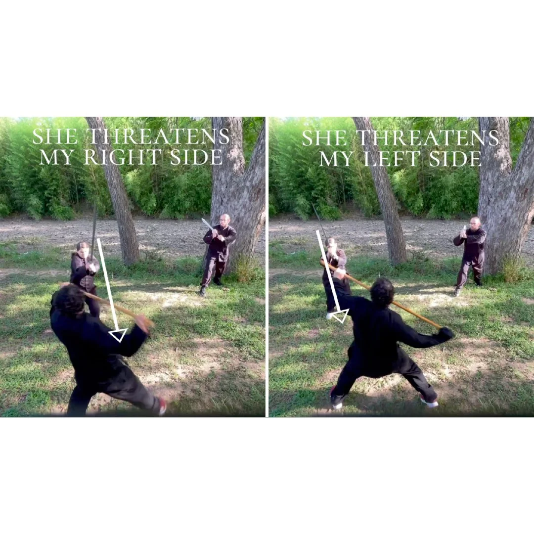 Two chinese sword practitioners attack a staff wielder in martial arts practice outdoors.