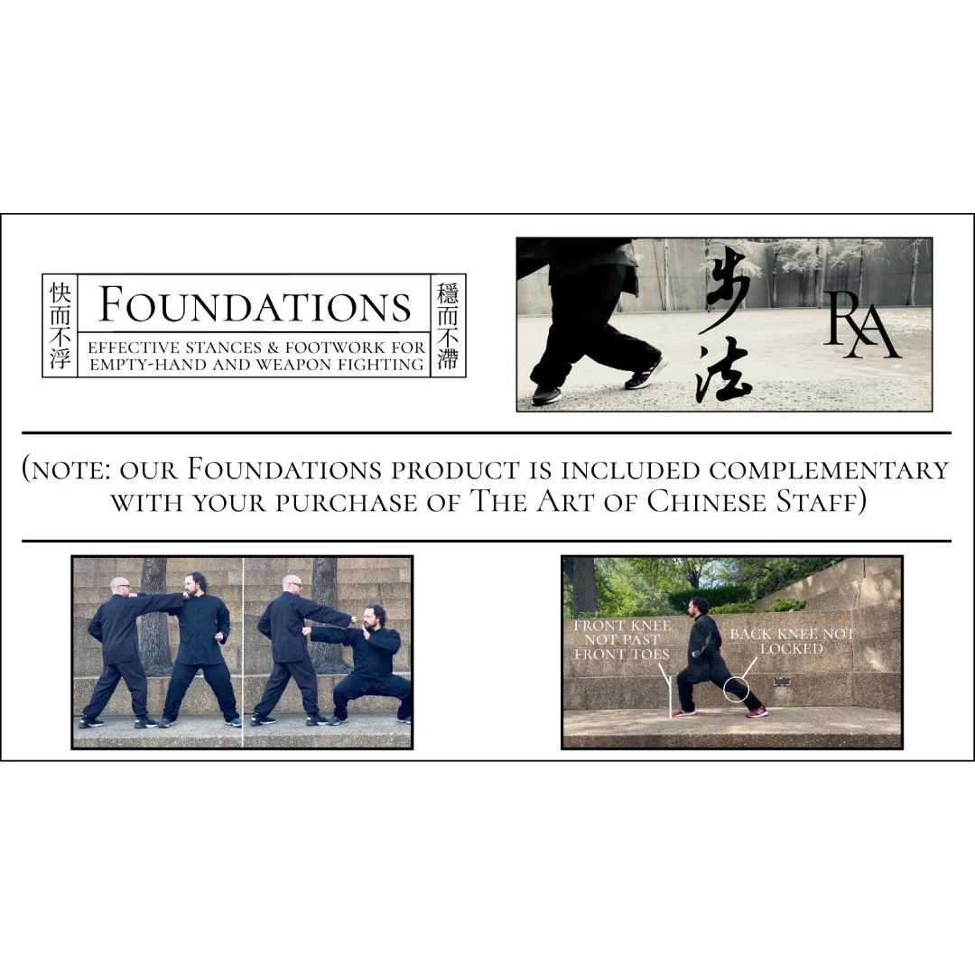 A collage of images advertising Ravenswood Academy's Foundations project which teaches stances and stepping for empty hand and weapons combat.