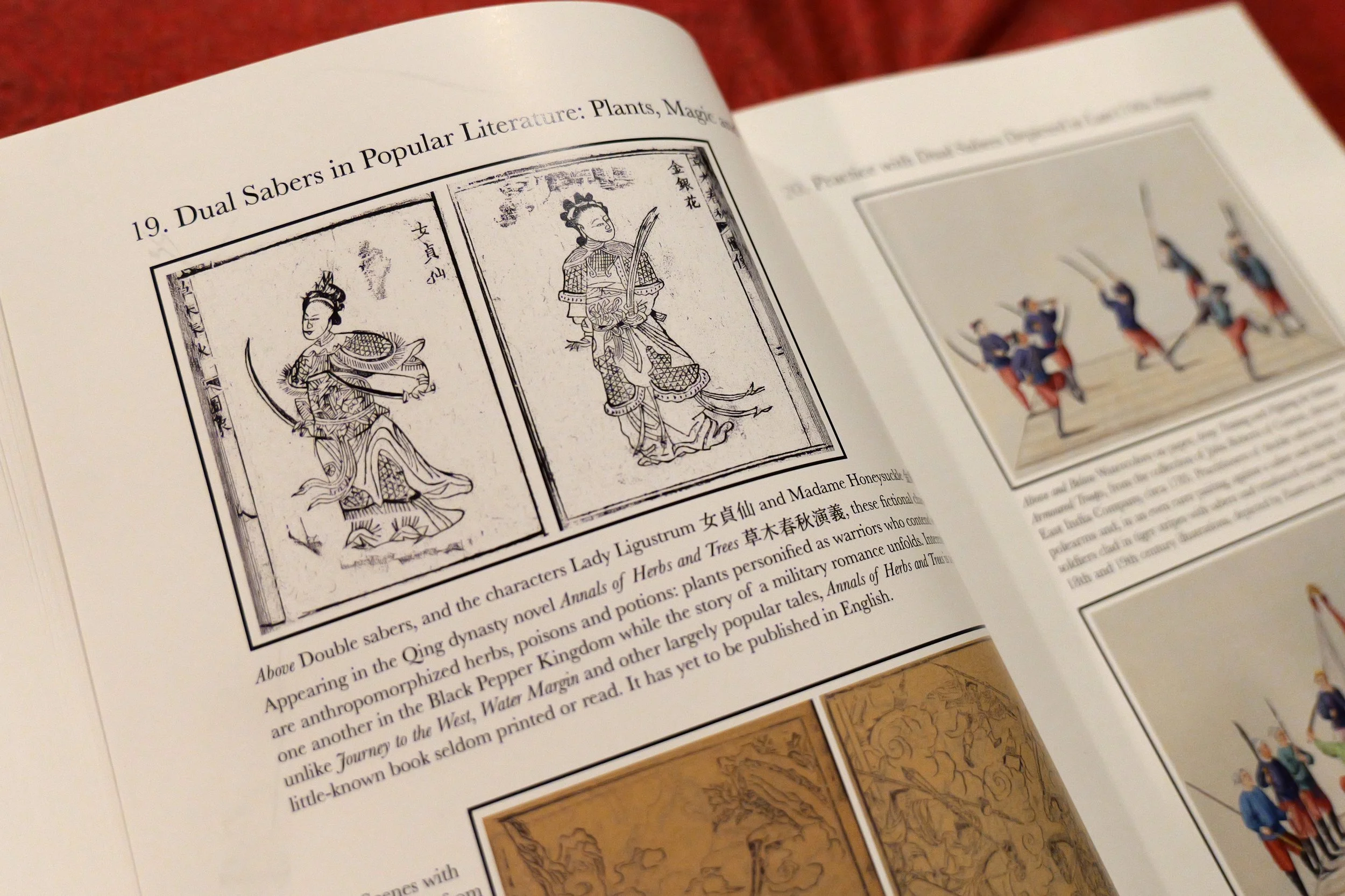 Chinese martial arts history depicted via woodblock prints on two pages from the saber manual by Ravenswood Academy.