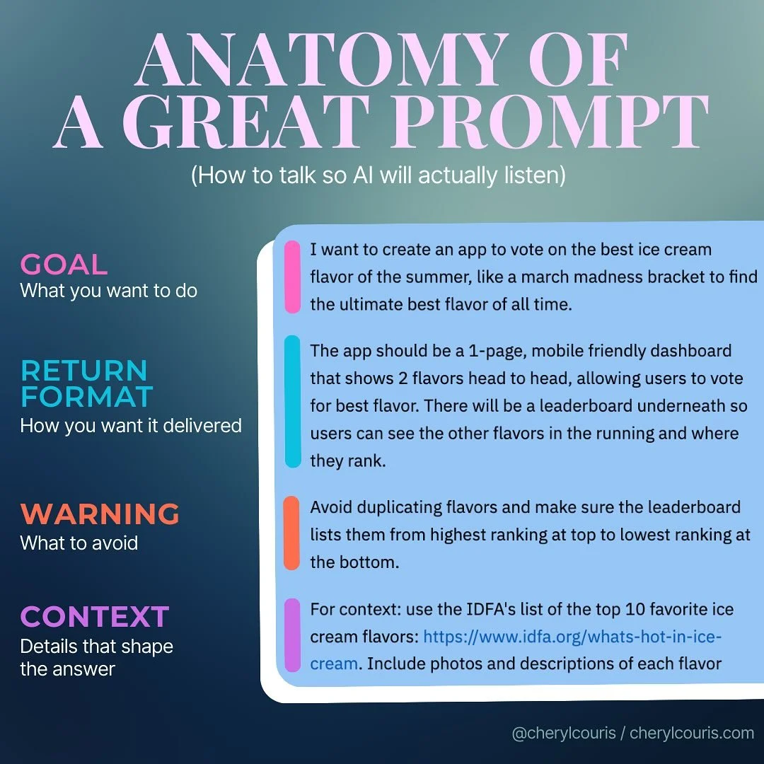 Stop writing bad prompts.
If your output isn&rsquo;t great, the problem isn&rsquo;t the AI. It&rsquo;s your prompt.&nbsp;
Here&rsquo;s my 4-part framework for prompts that actually deliver.

1️⃣ 𝗚𝗢𝗔𝗟: Be crystal clear on what you want it to do.
2