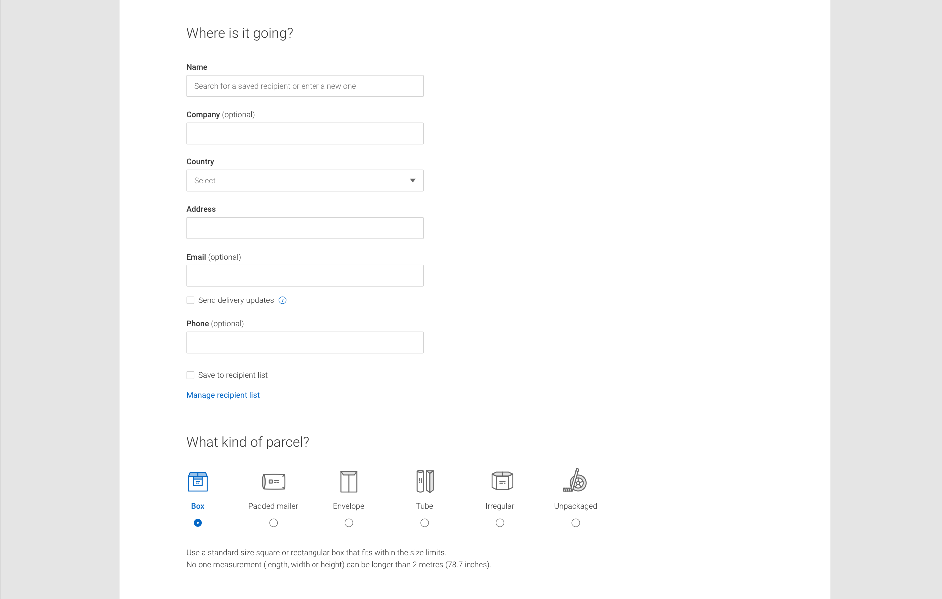 Shipment details: users seamlessly access their recipient list by typing in the customer’s name.
