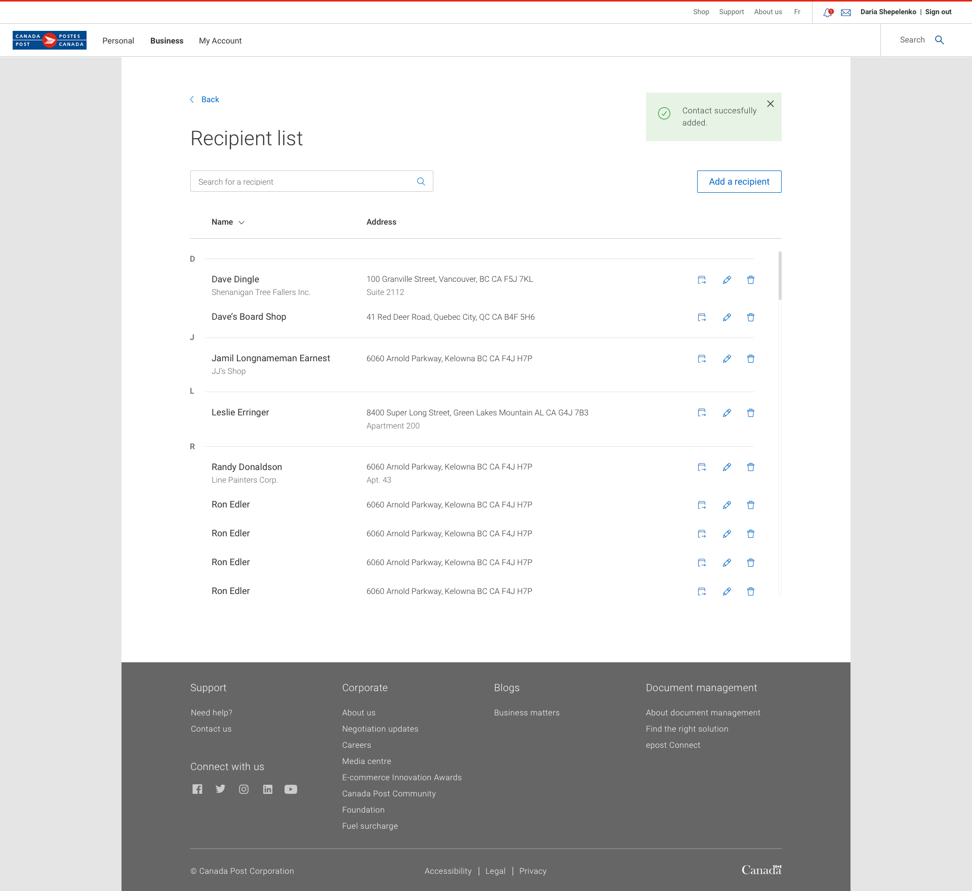 Recipient list: a highly requested feature allowing users to save and manage contacts.  We expected users to only reference the address book occasionally. However, in usability testing, we discovered that many users expected to be able create a ship…