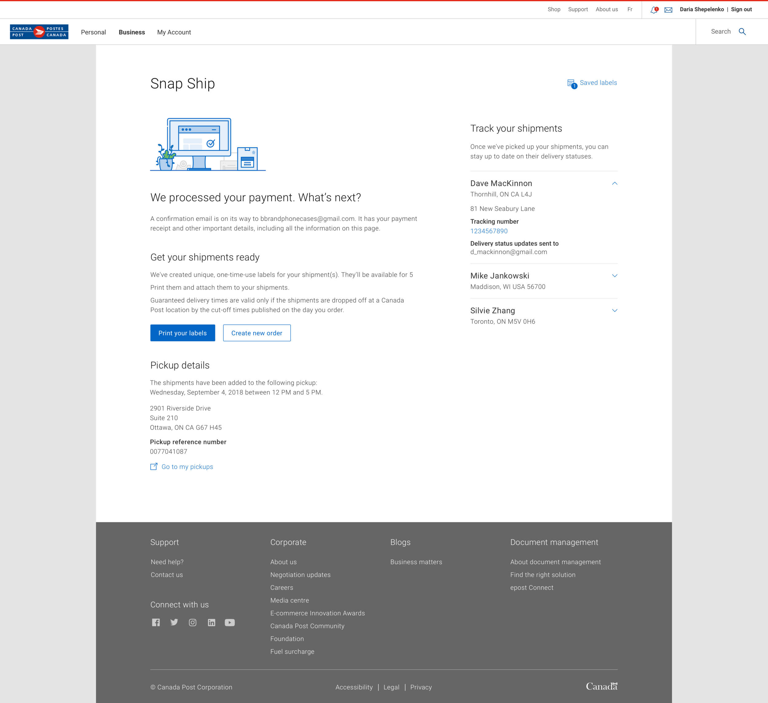 Confirmation page: the most relevant information is presented while allowing users to continue their workflow by creating another shipping label.