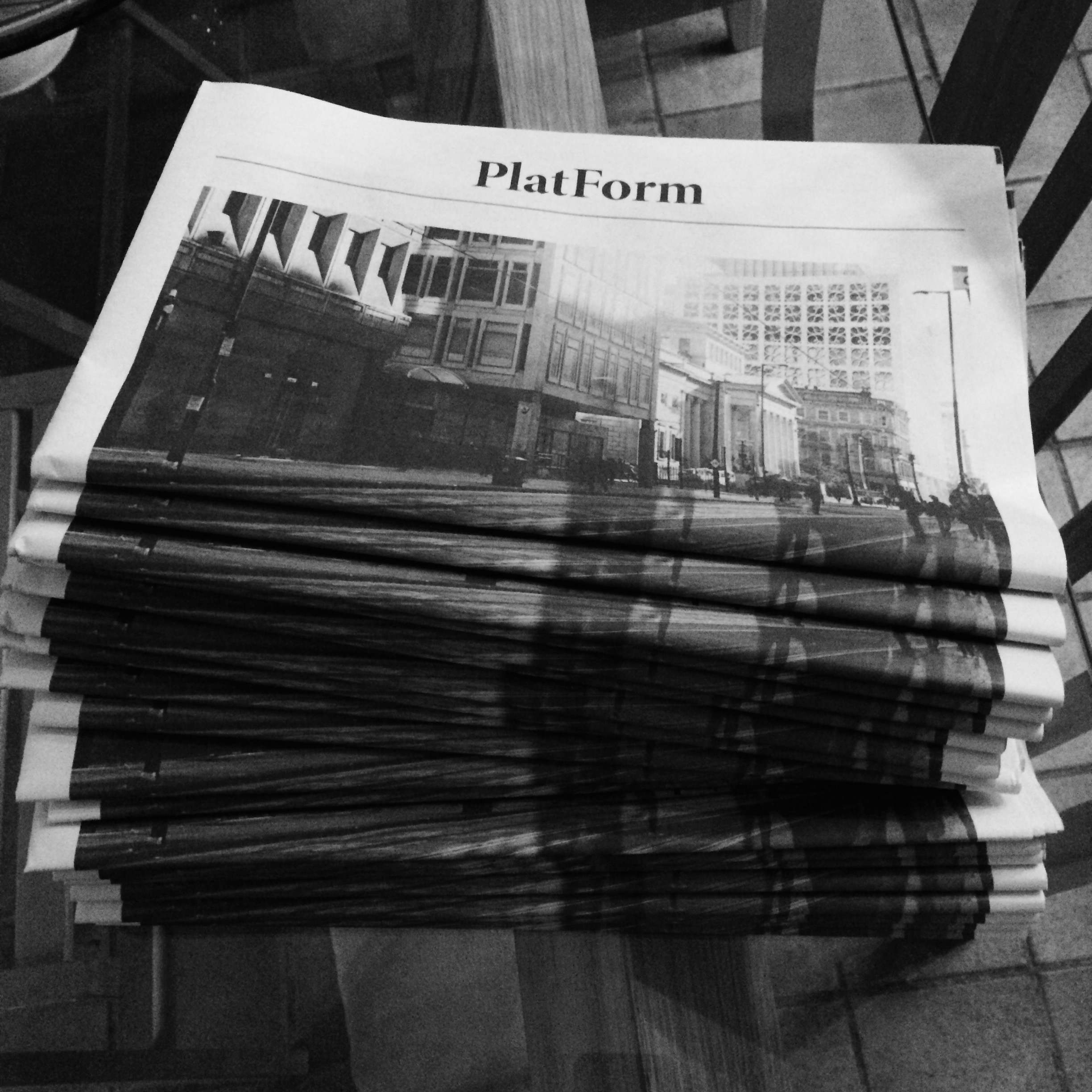  Self-published newspaper / artist's book, PlatForm, printed December 2016. A photographic narrative and poem about everyday journeys through Manchester. Limited edition distributed in public areas of Manchester. 