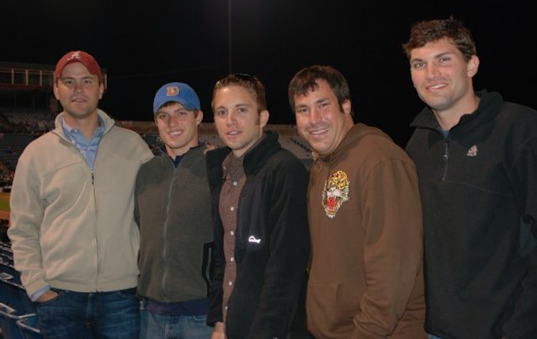 Here's a shot of the few of the bros I recruited to work with me in Nashville. That's me on the left, reppin' the Tide. Much less face & head hair back then . . .