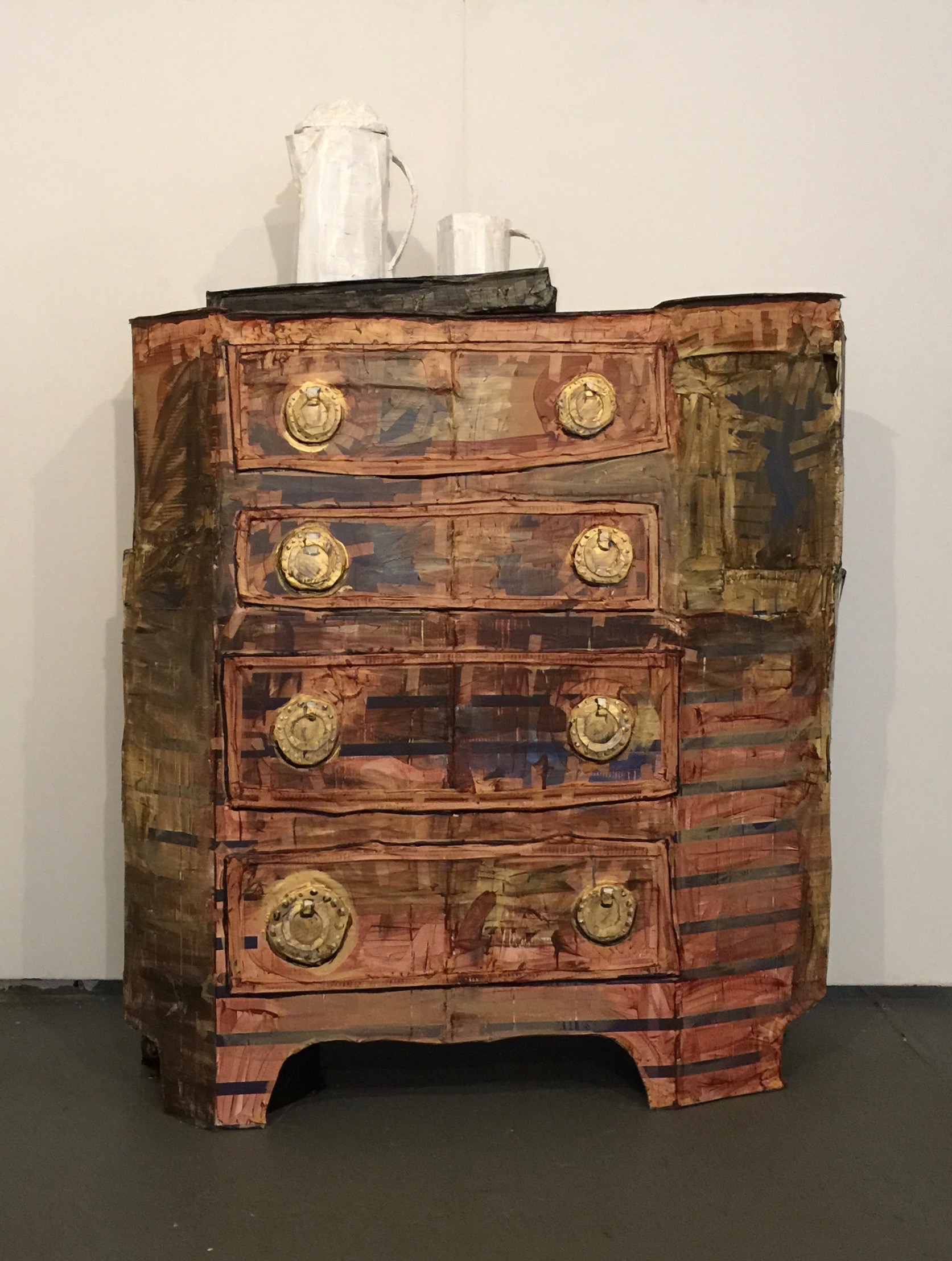 Chest of Drawers with Serving Tray (2017), Acrylic on cardboard and masking tape, 90" x 36" x 29"