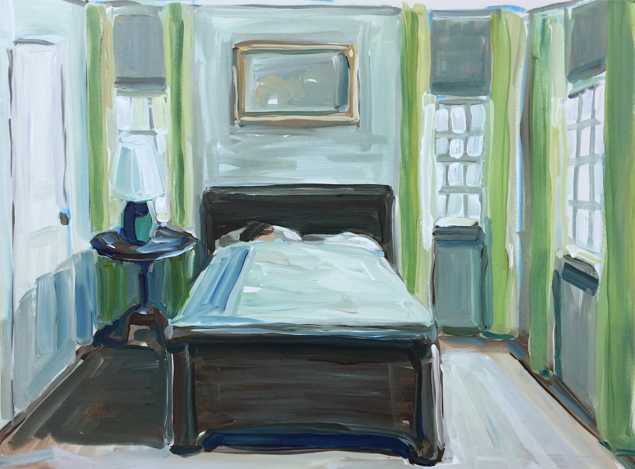 Mom in Bed (2017), Acrylic on canvas, 18" x 24"