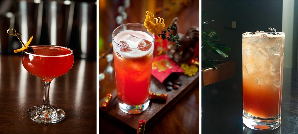 From left to right: The Red Rooster at Blue Ribbon Sushi Izakaya, Hong at Four Seasons Hotel Hong Kong, The Lucky Sling at Lucky Cat