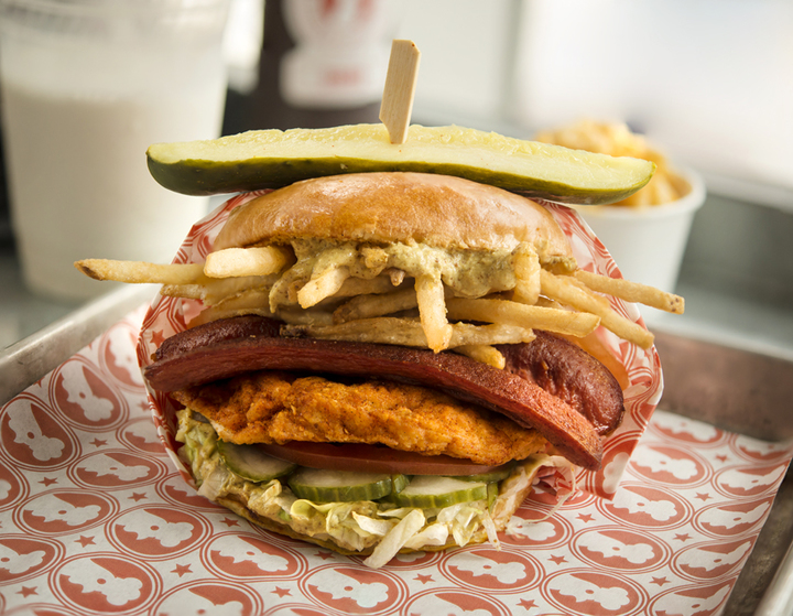 Blue Ribbon Fried Chicken's Beach Bird features a split, grilled beef hot dog. Credit Blue Ribbon Fried Chicken