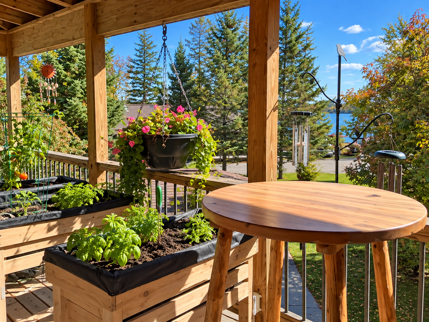 Covered deck with lake view