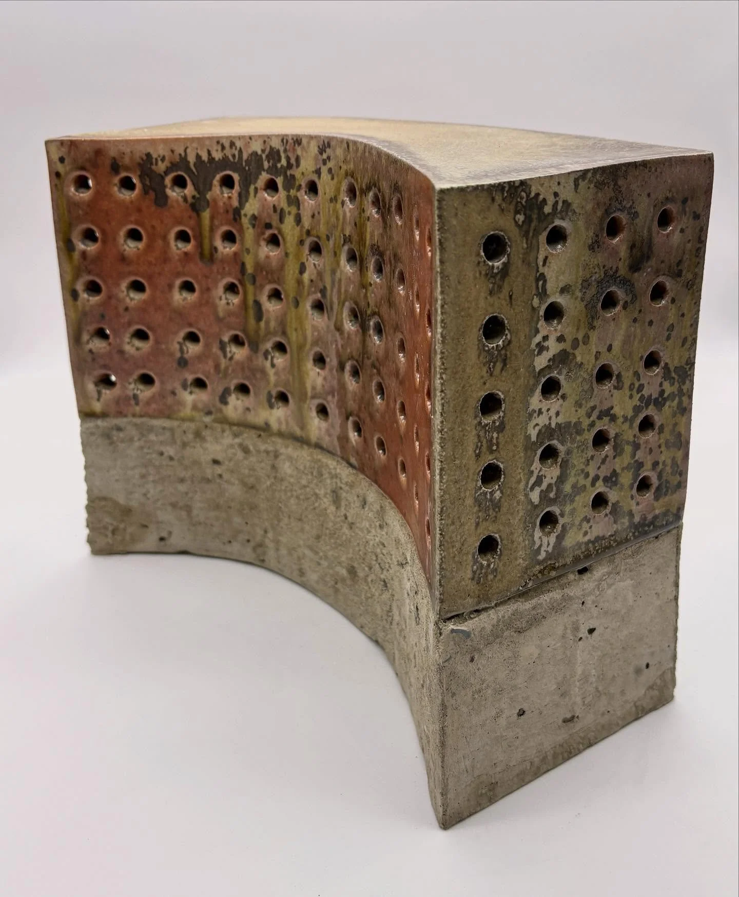 Image 1: Reflections, woodfired stoneware &amp; cement, 8&rdquo; h x 10&rdquo; w x 4.5&rdquo; d, 2025. 
Image 2: Metal seawall, Pryibil Beach, Glen Cove, NY. 

For the past few years, I&rsquo;ve been documenting industrial structures connected to air