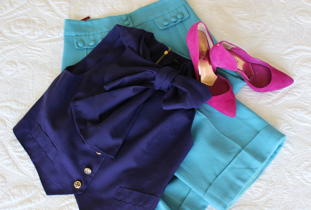 Pants have no label, blouse is Marc by Marc Jacobs (both from Madison Rose) and shoes are Ted Baker