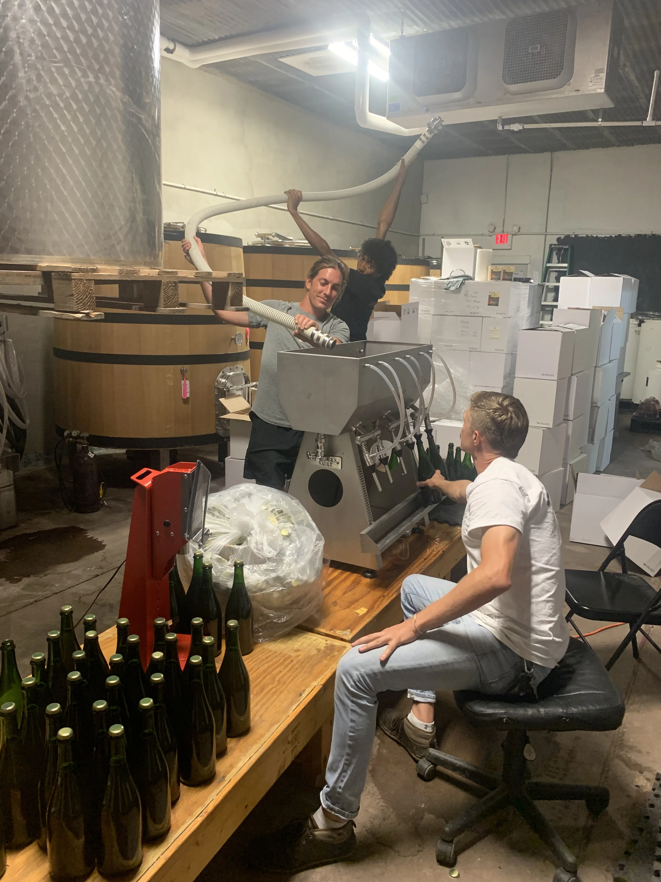AZ, Ross and Cooper from the Austin Winery graciously helped me bottle 65 cases of sparkling wine just at the beginning of the harvest season. I’m very excited about this wine. It might be ready to sell before the end of the year . . .