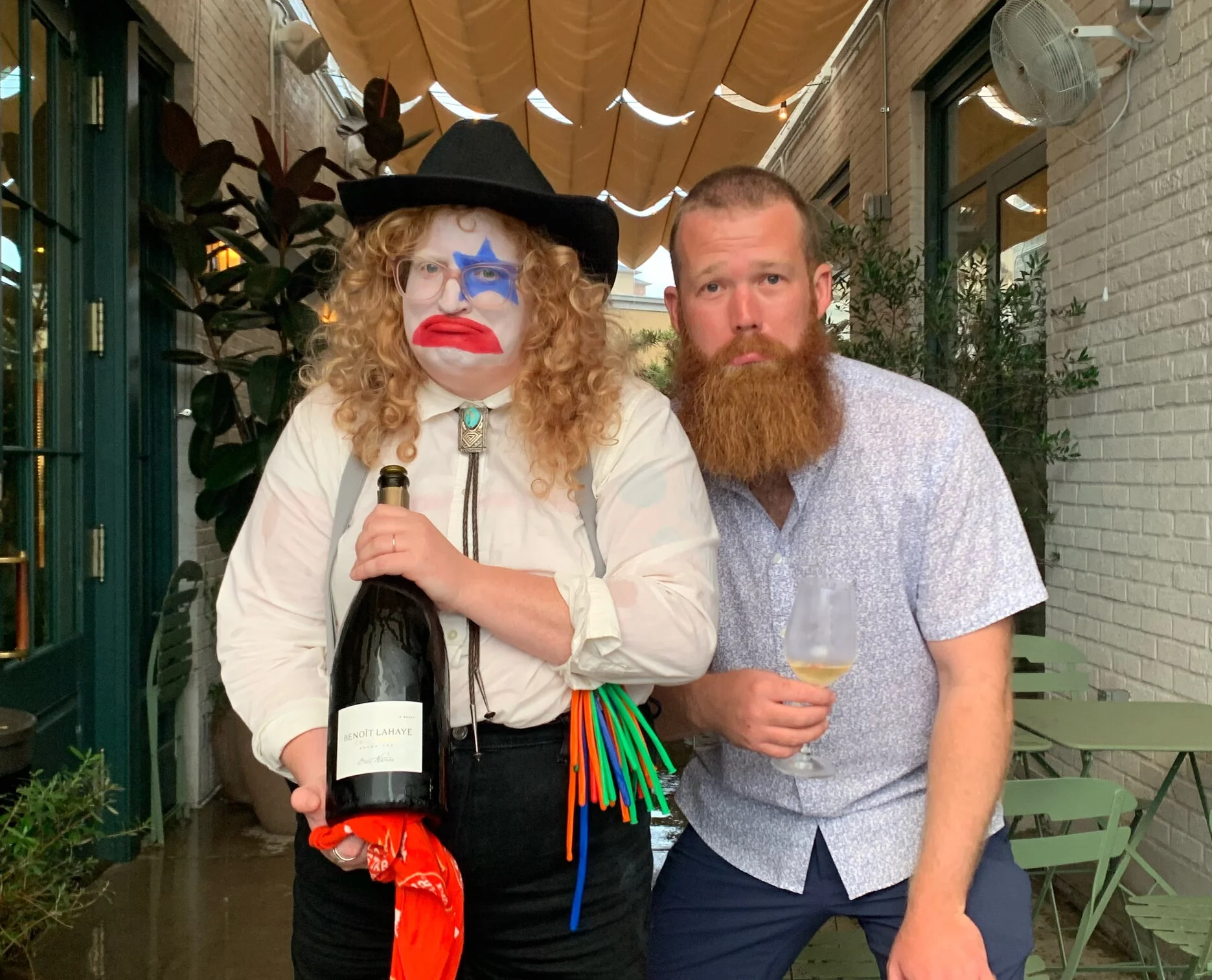 Evan dressed up as a sad Texas wine clown and poured a giant bottle of champagne for everyone at the end of our release party at Montrose Cheese and Wine.