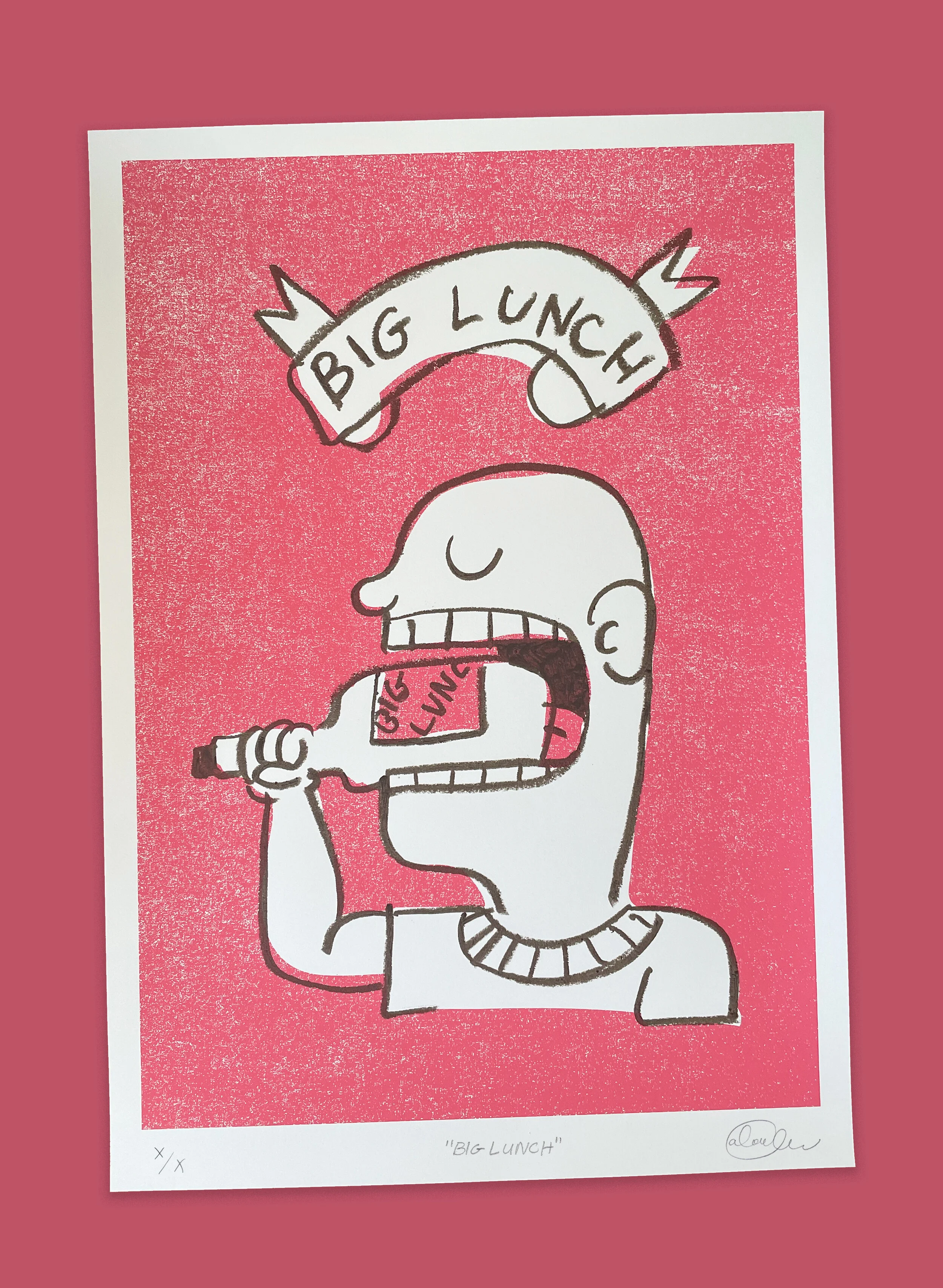 Big Lunch Poster. These are numbered 1 through 12 and signed. The color is screen printed and all of the line work is drawn by hand so each piece is unique.