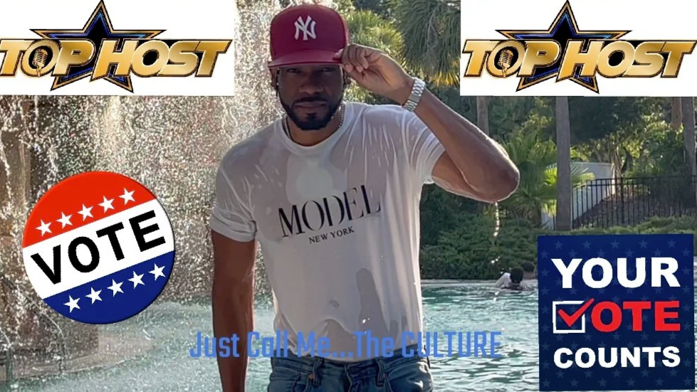 A man in a white T-shirt and a maroon baseball cap, with the New York Yankees logo, is standing outdoors near a waterfall and pool. The image includes graphics promoting voting, with the phrases 'VOTE,' 'YOUR VOTE COUNTS,' and 'Just Call Me... The CU