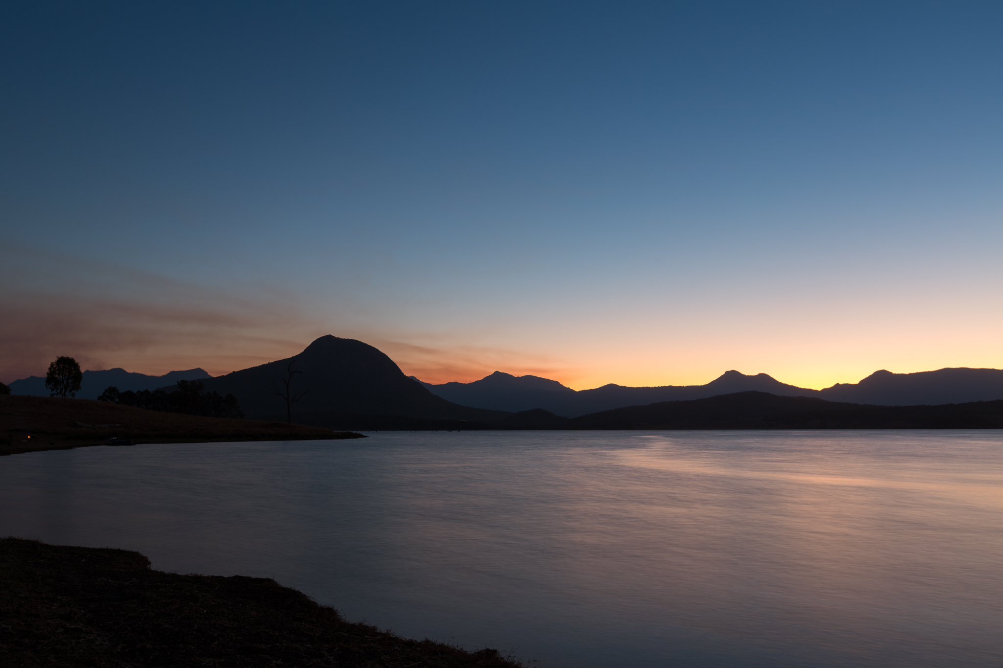 First night sunset over the lake