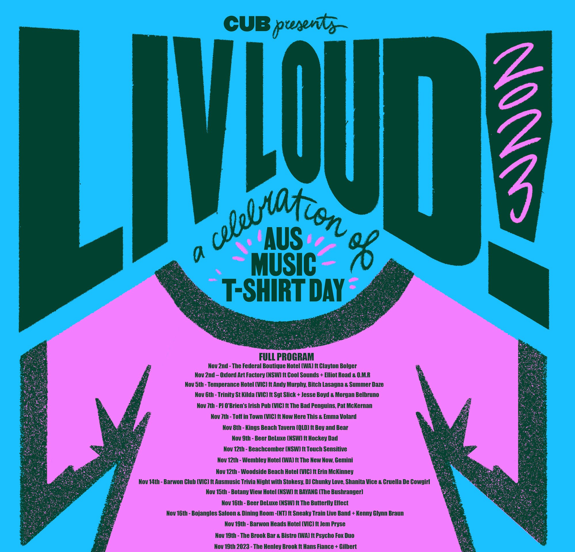 CUB announces 'Liv Loud' to support AUSMUSIC T-Shirt Day, featuring You Am I, Boy &amp; Bear, Touch Sensitive, Crooked Colours, The Butterfly Effect, Hockey Dad, Keli Holiday and more