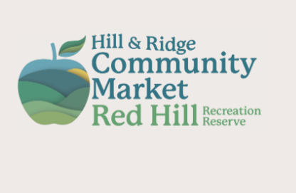 Hill & Ridge Community Market logo with stylized apple graphic and Red Hill Recreation Reserve text