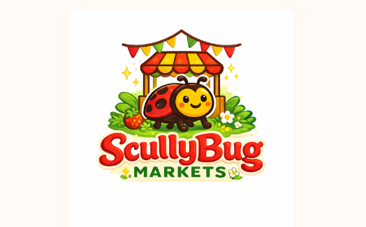 Colorful ScullYBug Markets logo featuring a smiling ladybug and market stand surrounded by fruits and vegetables
