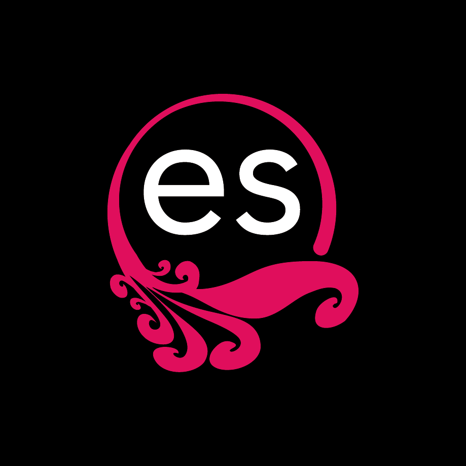Pink decorative logo with white lowercase letters “es” on a black background