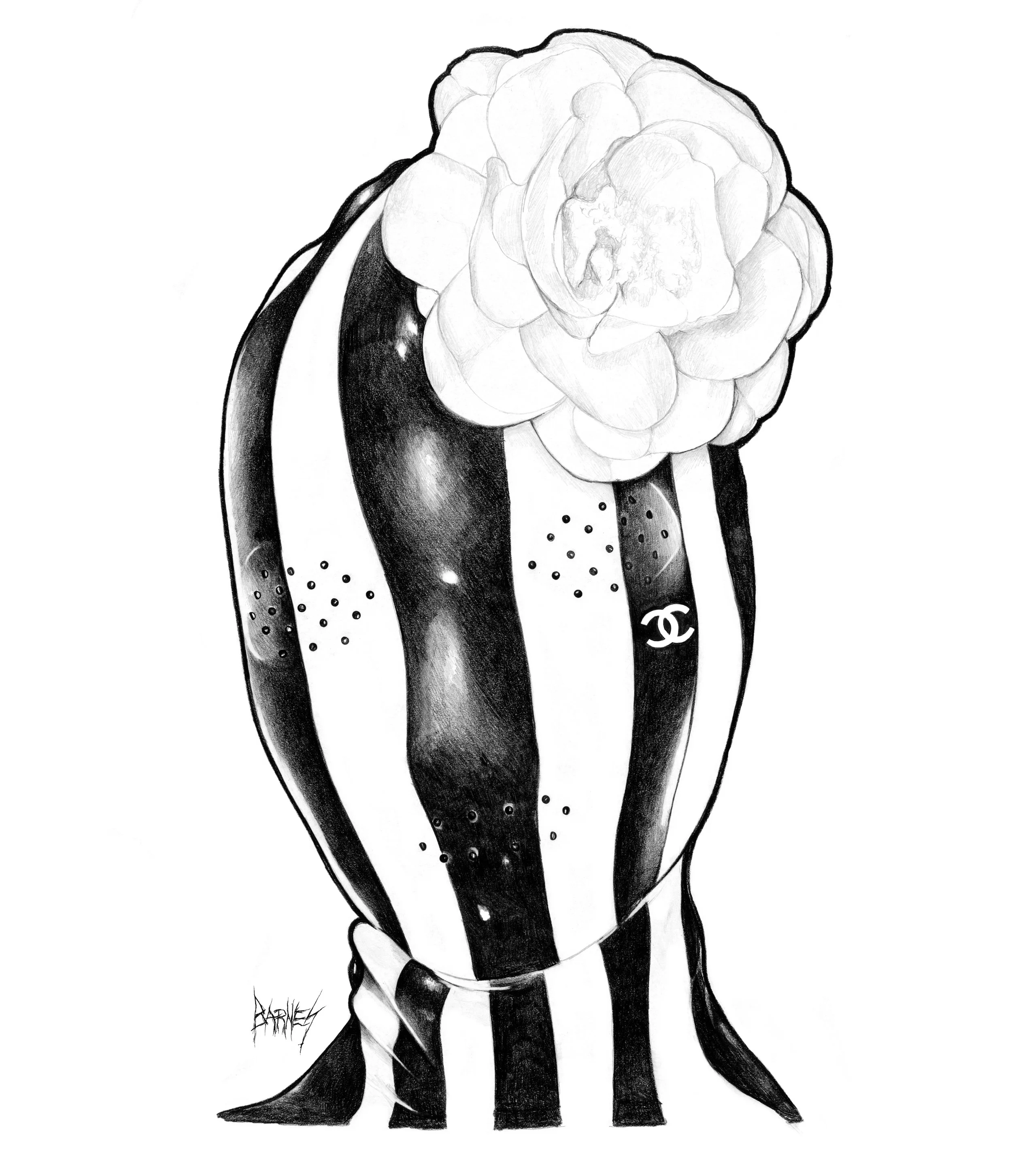bryan-barnes-art-director-designer-fine-artist-camellia-coco-chanel-iconic-flower-black-and-white-stripes-luxury-world-leading-beautiful-realistic-portrait-hand-drawn-fine-art-pencil-drawing-portrait