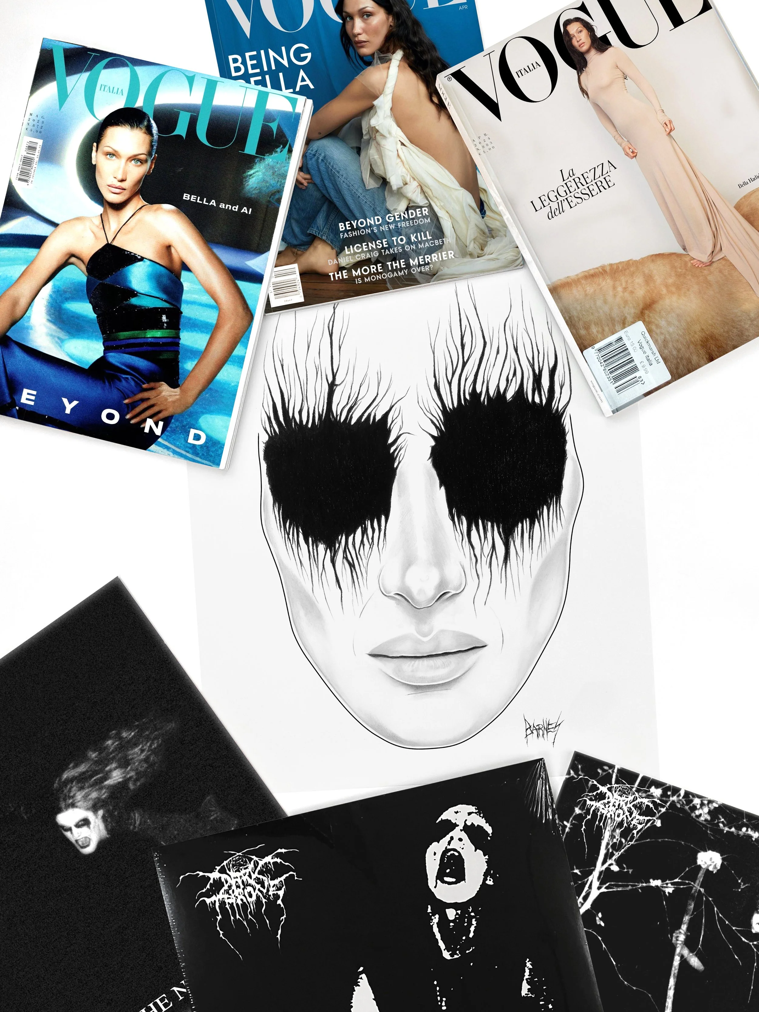 bryan-barnes-art-director-designer-fine-artist-bella-hadid-norwegian-black-metal-corpse-paint-makeup-fine-art-pencil-drawing-portrait-darkthrown-albums-vogue-magazines
