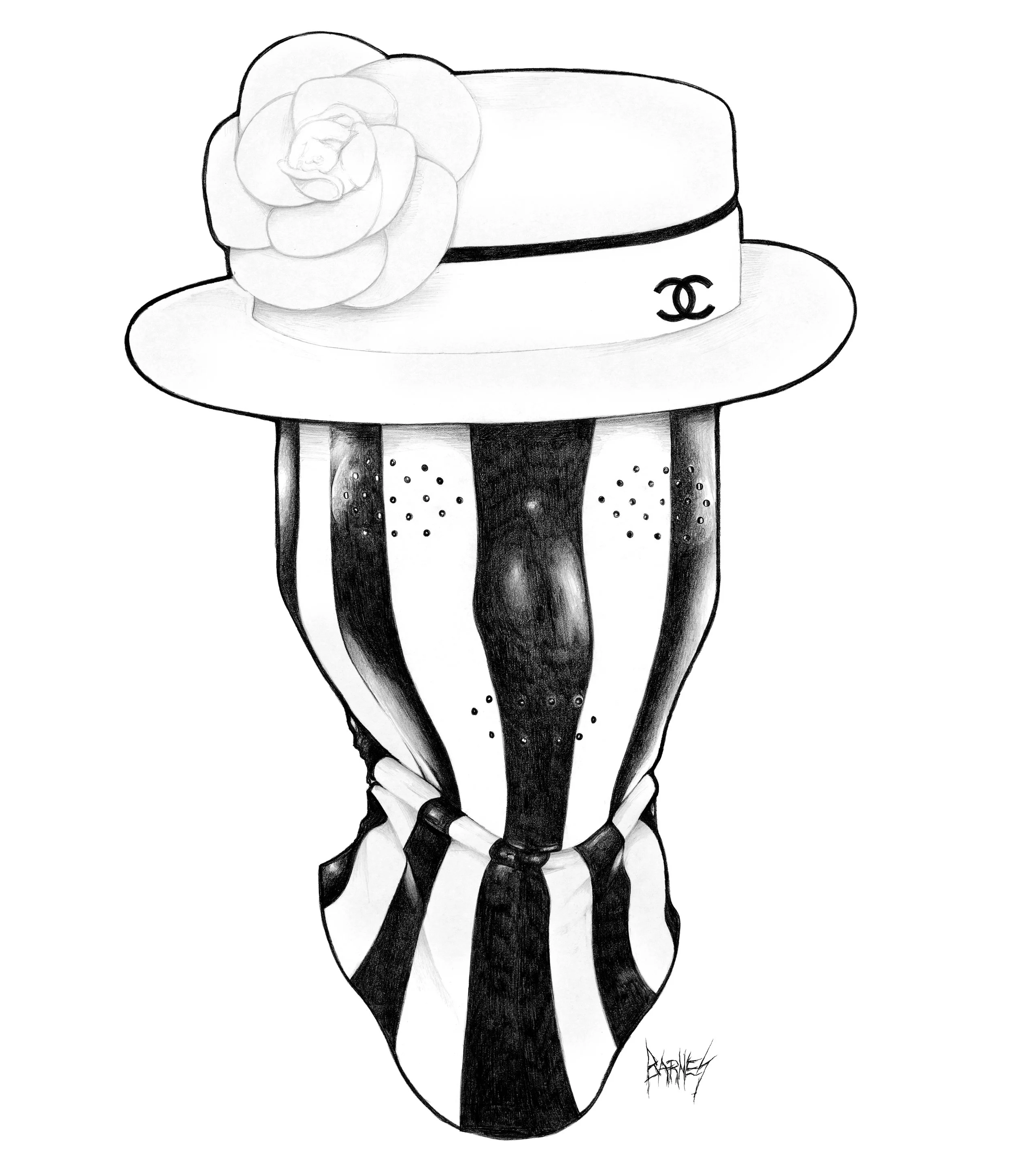bryan-barnes-art-director-designer-fine-artist-coco-chanel-iconic-camellia-flower-black-and-white-stripes-luxury-world-leading-beautiful-realistic-portrait-hand-drawn-fine-art-pencil-drawing-portrait