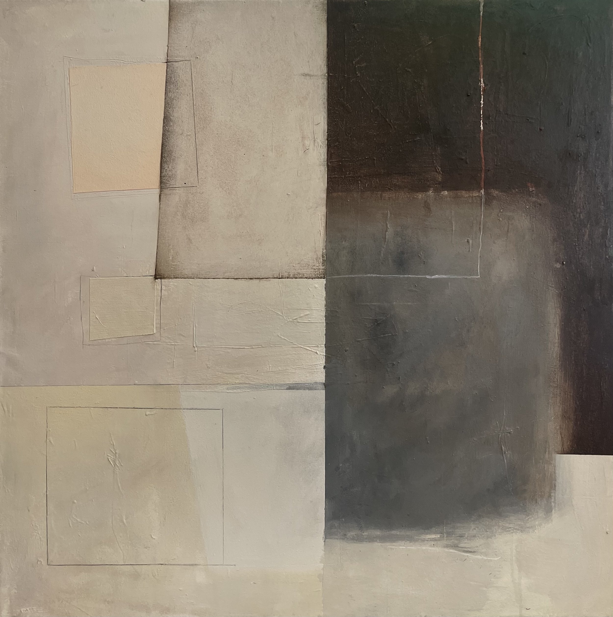 Weight I | 2022 | 36 x 36 inches | acrylic, fiber paste, silver, graphite on raw canvas