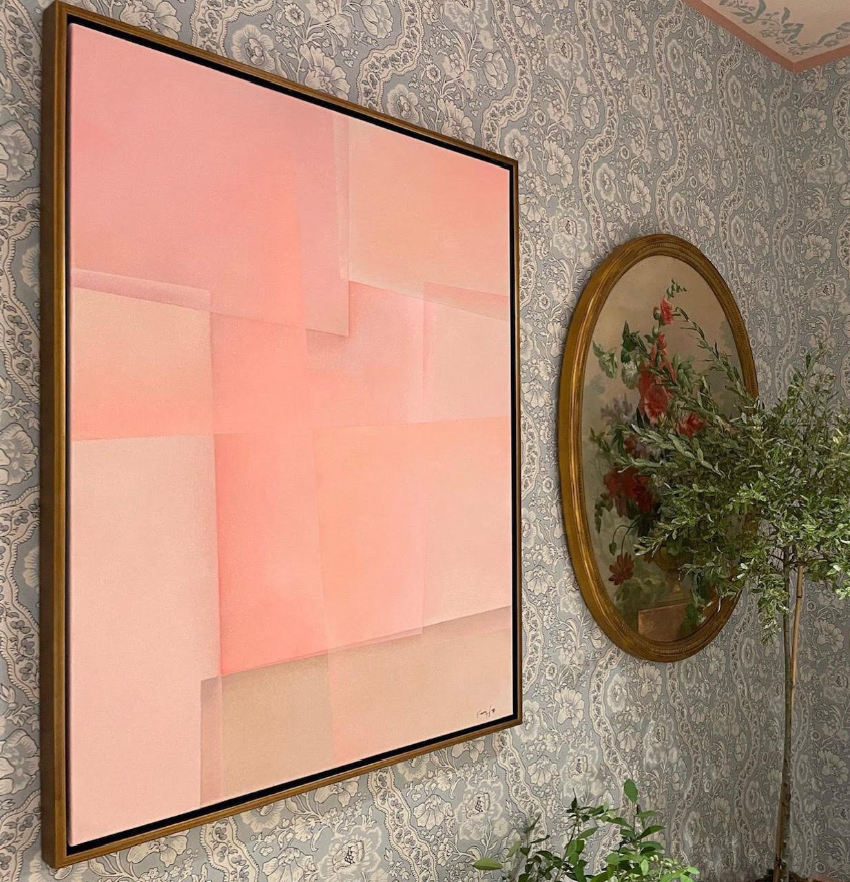 Reactions in Pink | 2023 | 52 x 40 inches framed dimensions | custom framed in antiqued gold | acrylic on heavy cotton canvas