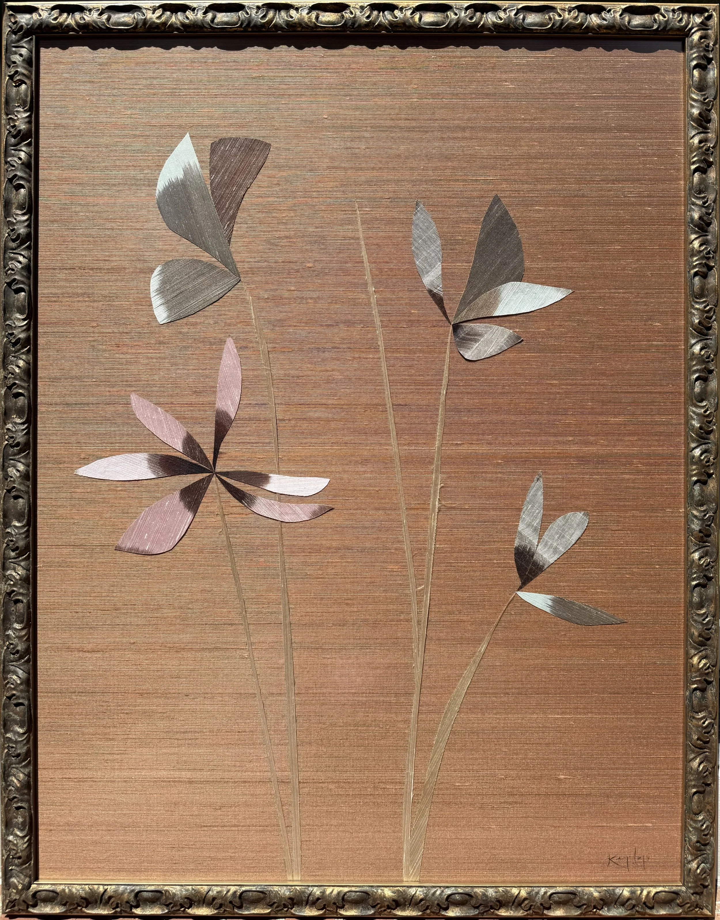 Silk Forest | 2025 | wax dyed silk collage, custom frame and low reflection museum glass | 41.75 x 32.75 in | sold