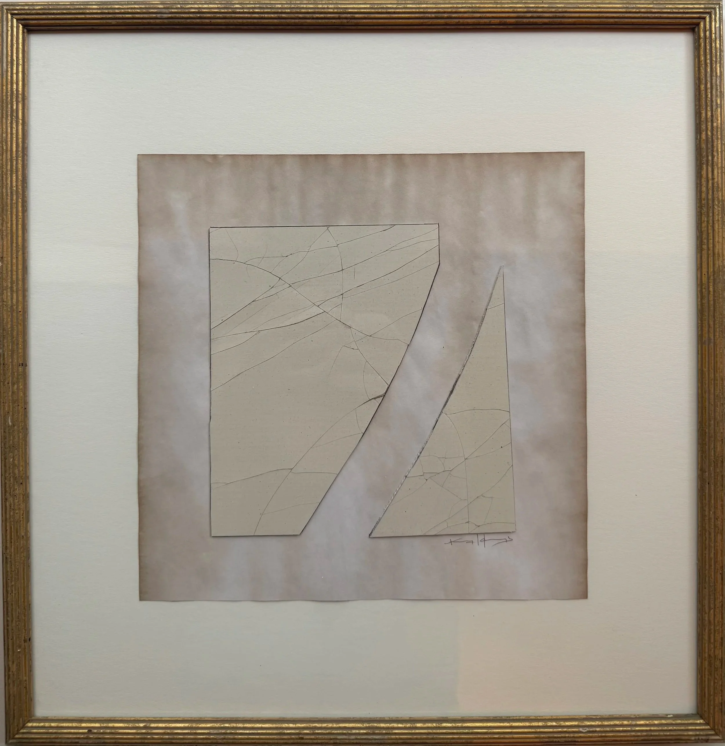 Gesso Tans on Tea Stain | 2025 | 13 x 13 inches | mixed media, custom framed
