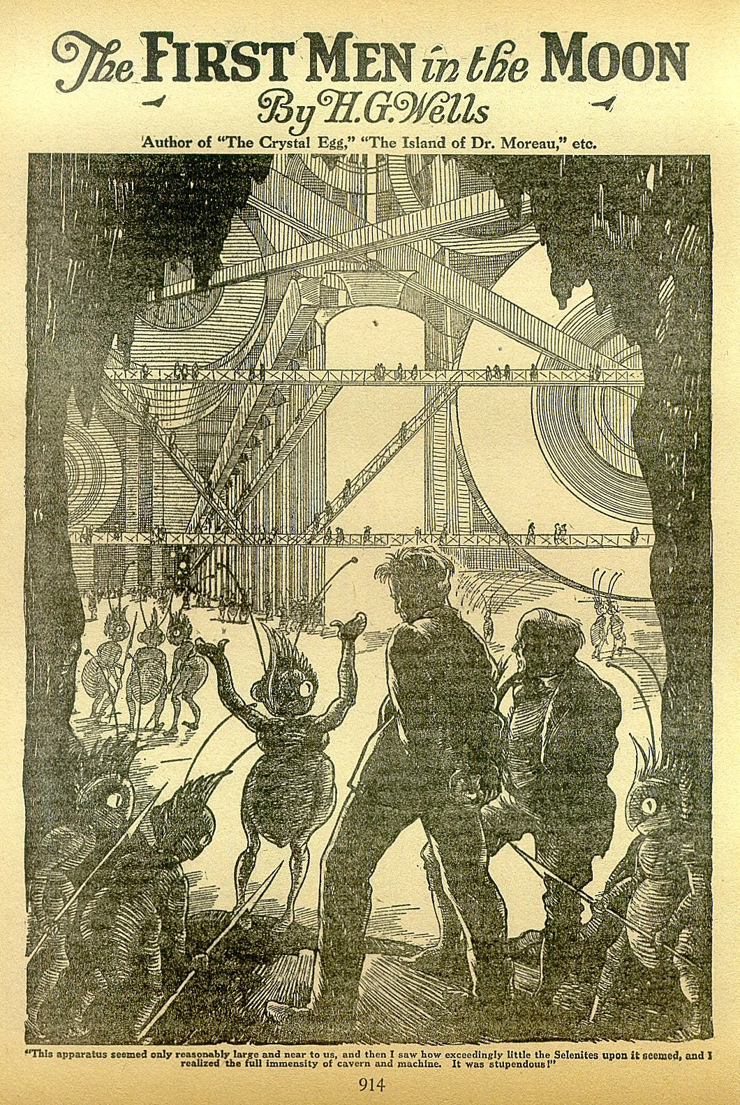‘Cavor and Bedford escorted to the interior of the Moon by Selenites’, illustration from a reprint of H. G. Wells’ First Men in the Moon , 1901, in the American periodical Amazing Stories .